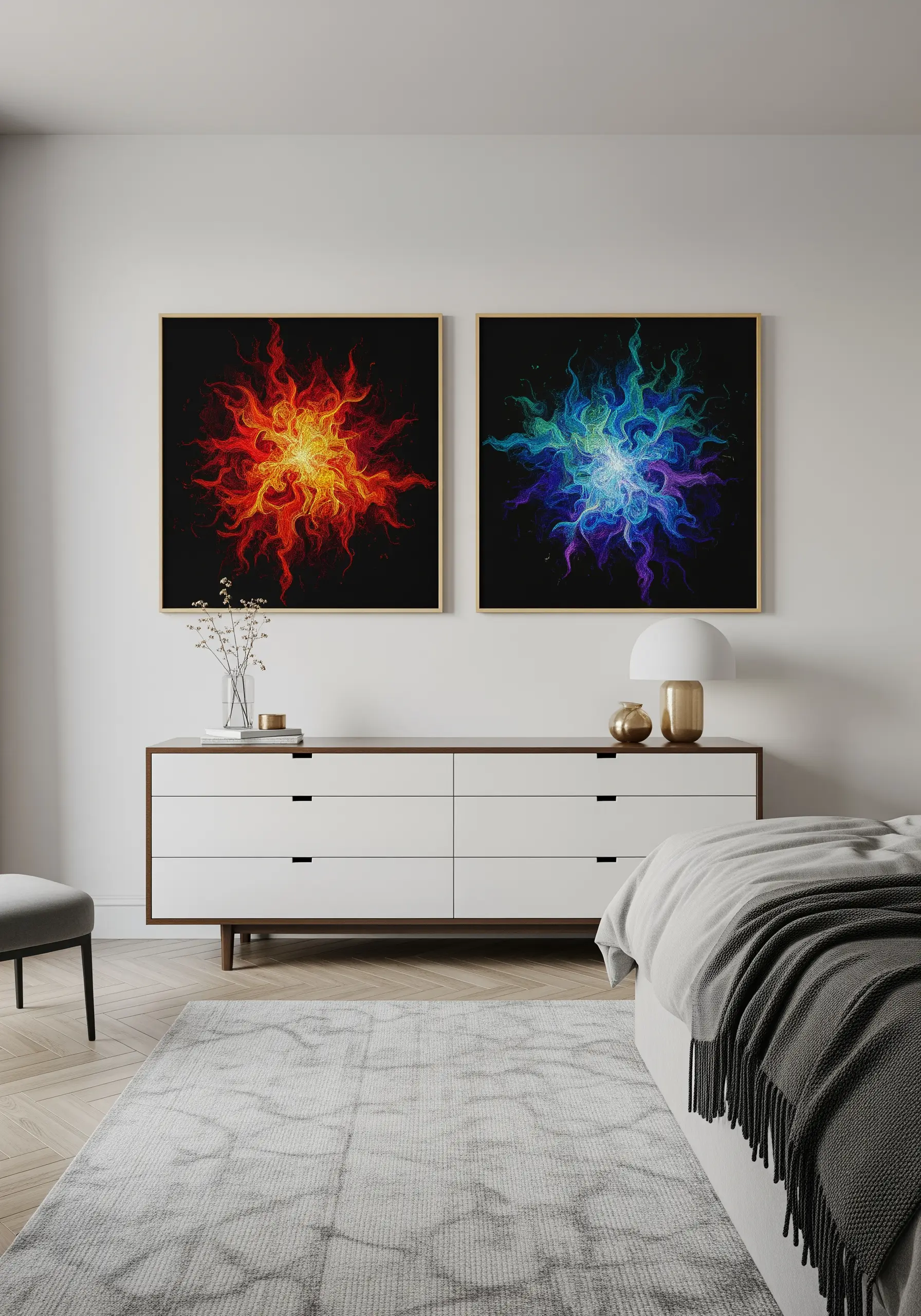 Two framed abstract embroideries on black fabric, one in fiery colors and one in cool colors.
