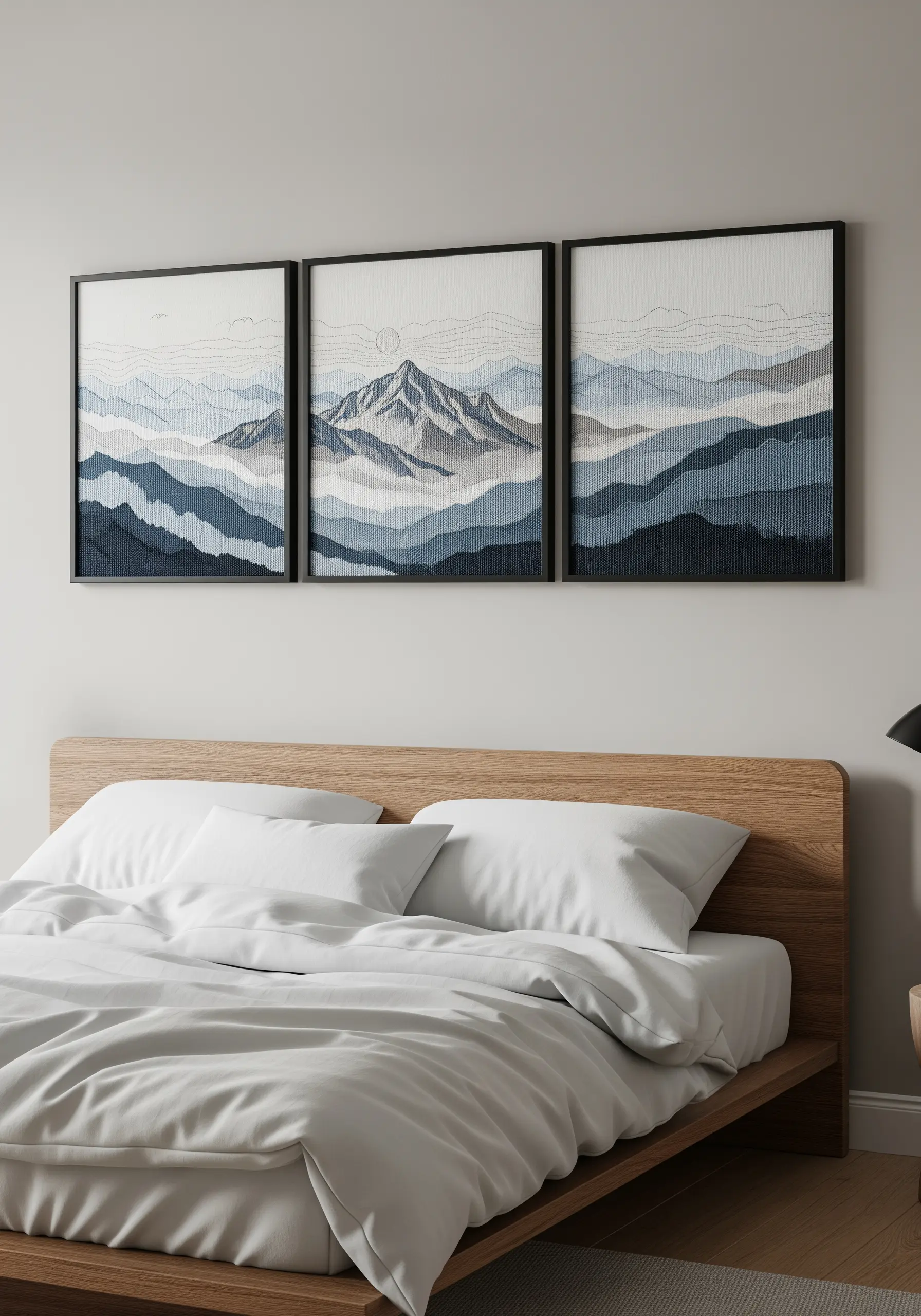 A triptych of framed embroidery showing layered blue and grey mountain ranges.
