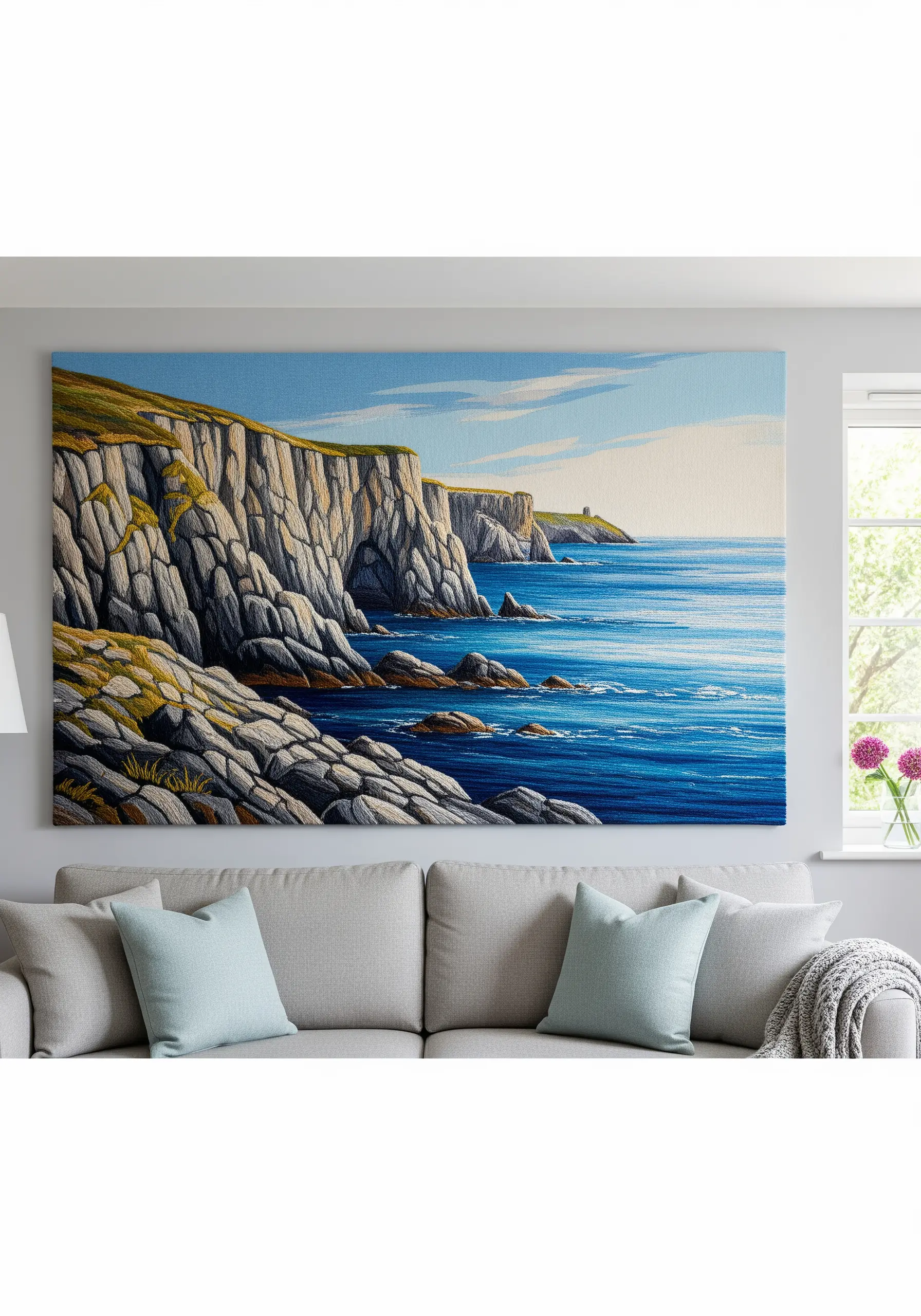 Coastal landscape embroidery with cliffs and blue ocean