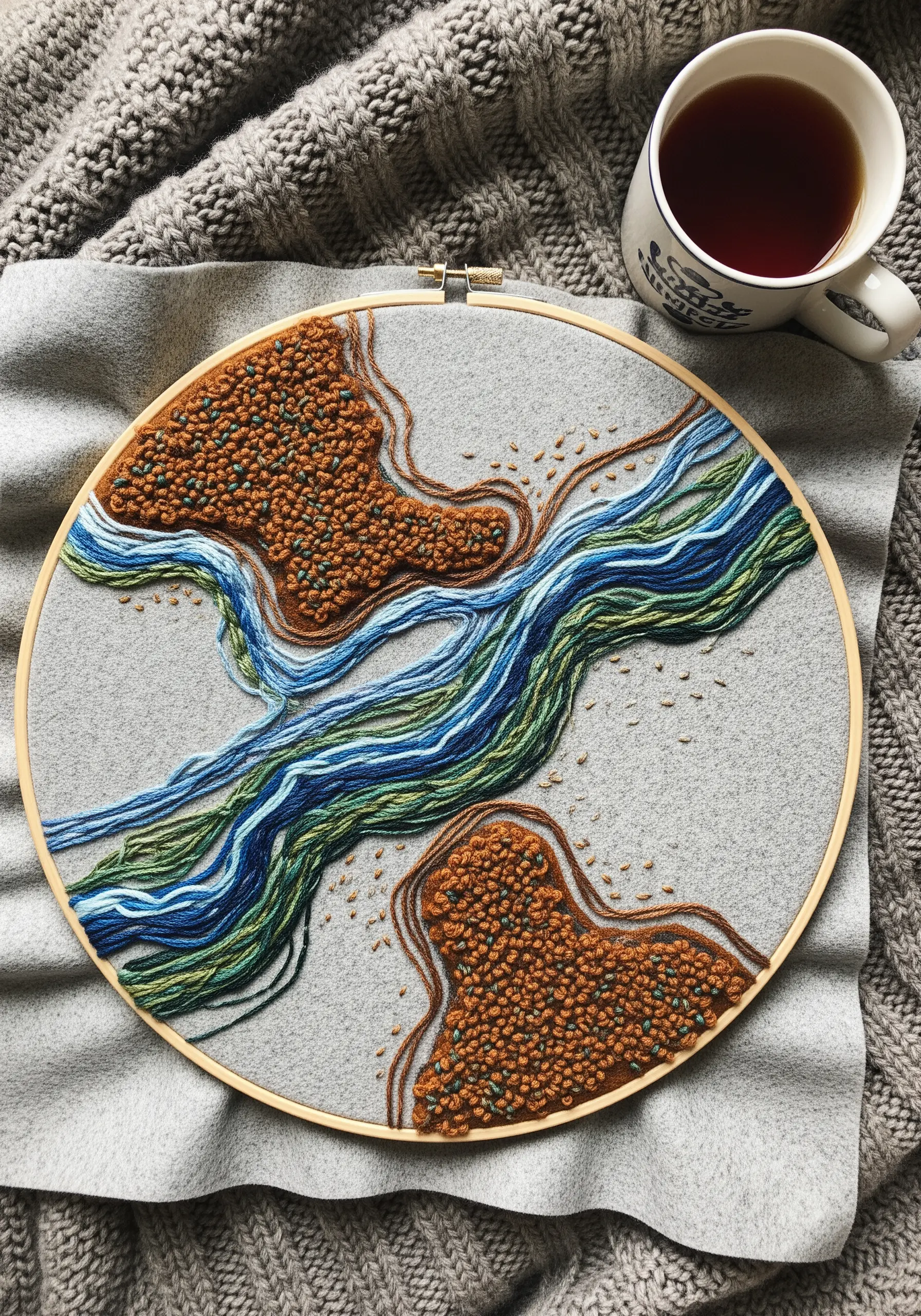 An abstract embroidered landscape on gray felt, with French knot landmasses and flowing river stitches.