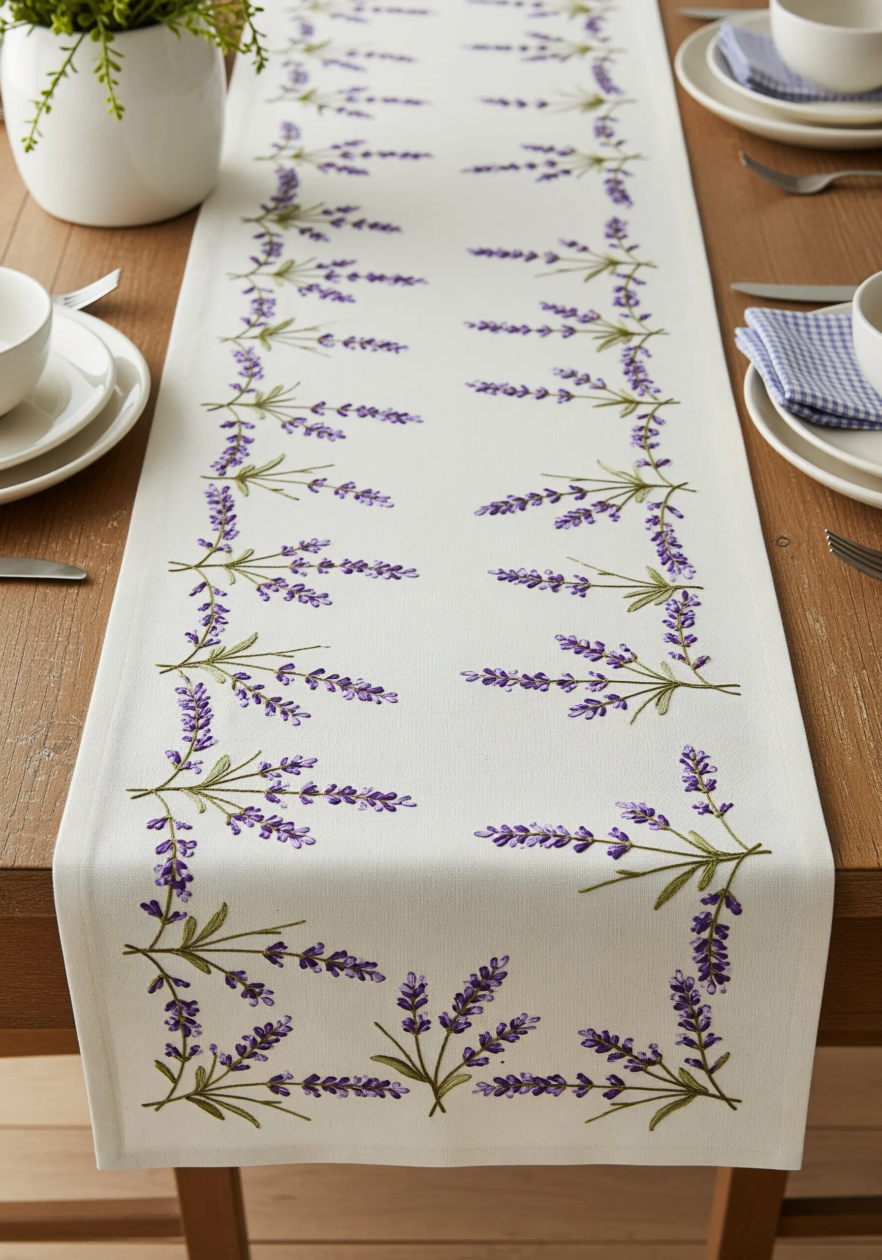 A white table runner embroidered with a delicate border of lavender sprigs.