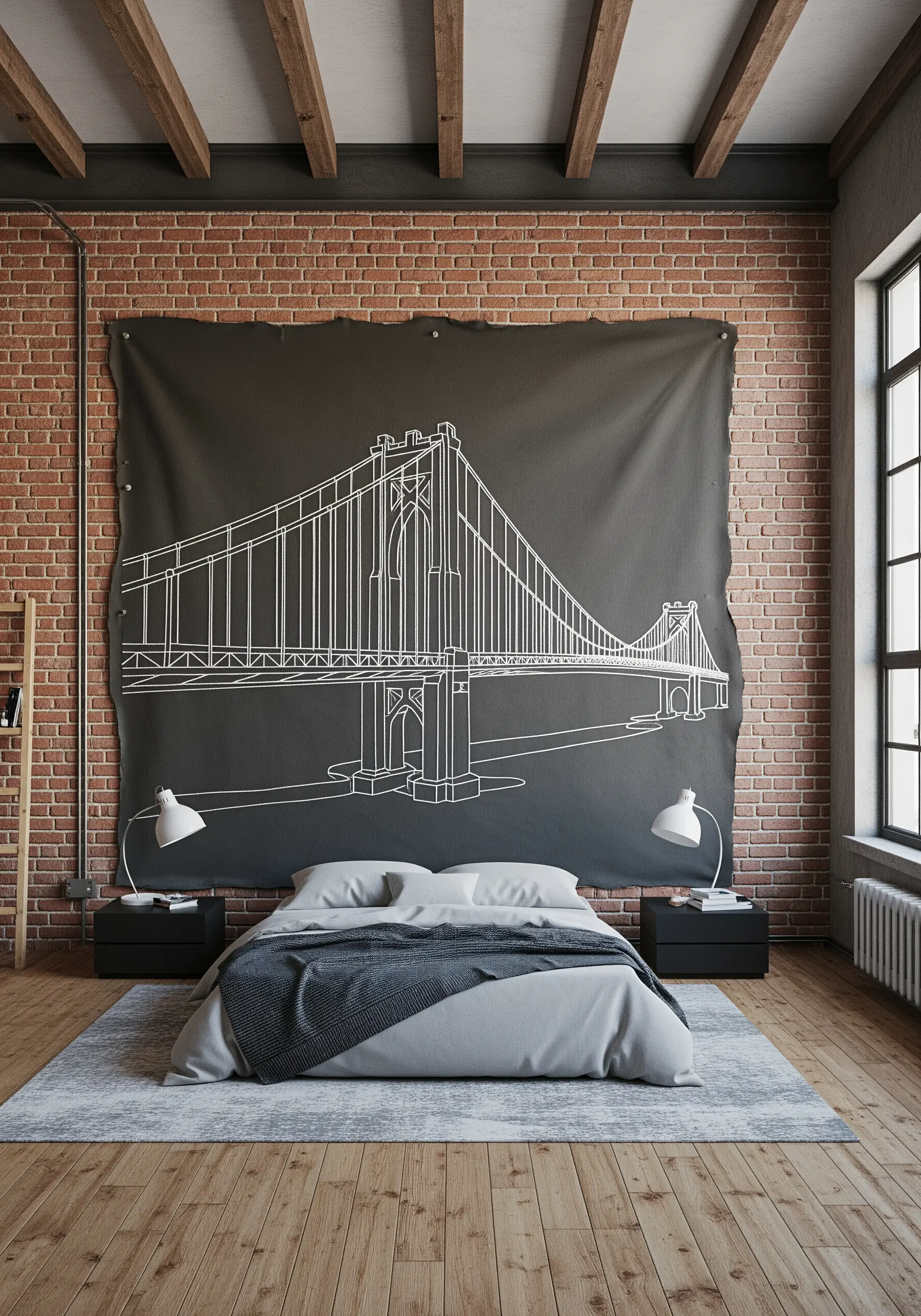 A large, industrial-style wall tapestry with white line art embroidery of a bridge.