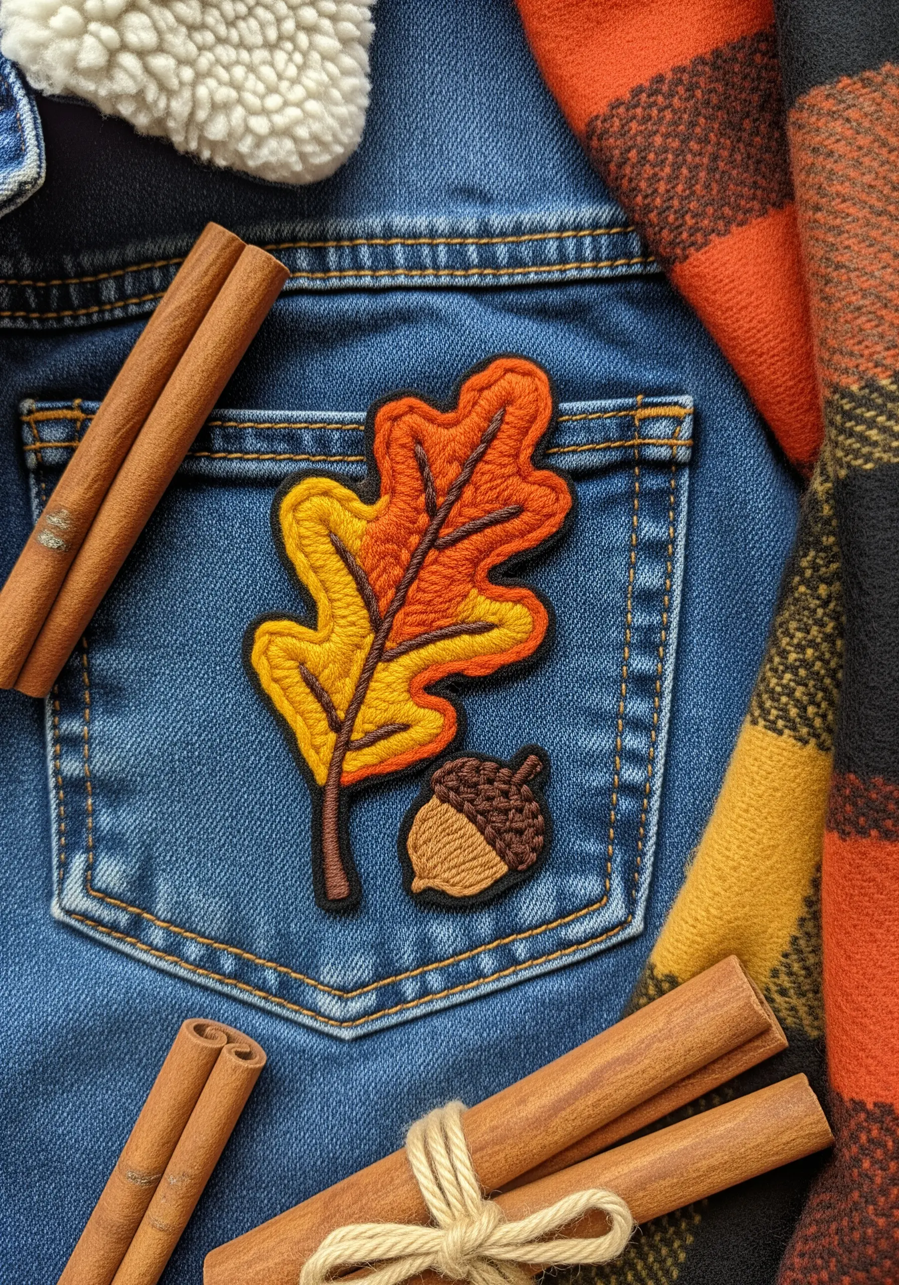 An embroidered oak leaf patch with an orange and yellow gradient, next to a small acorn.