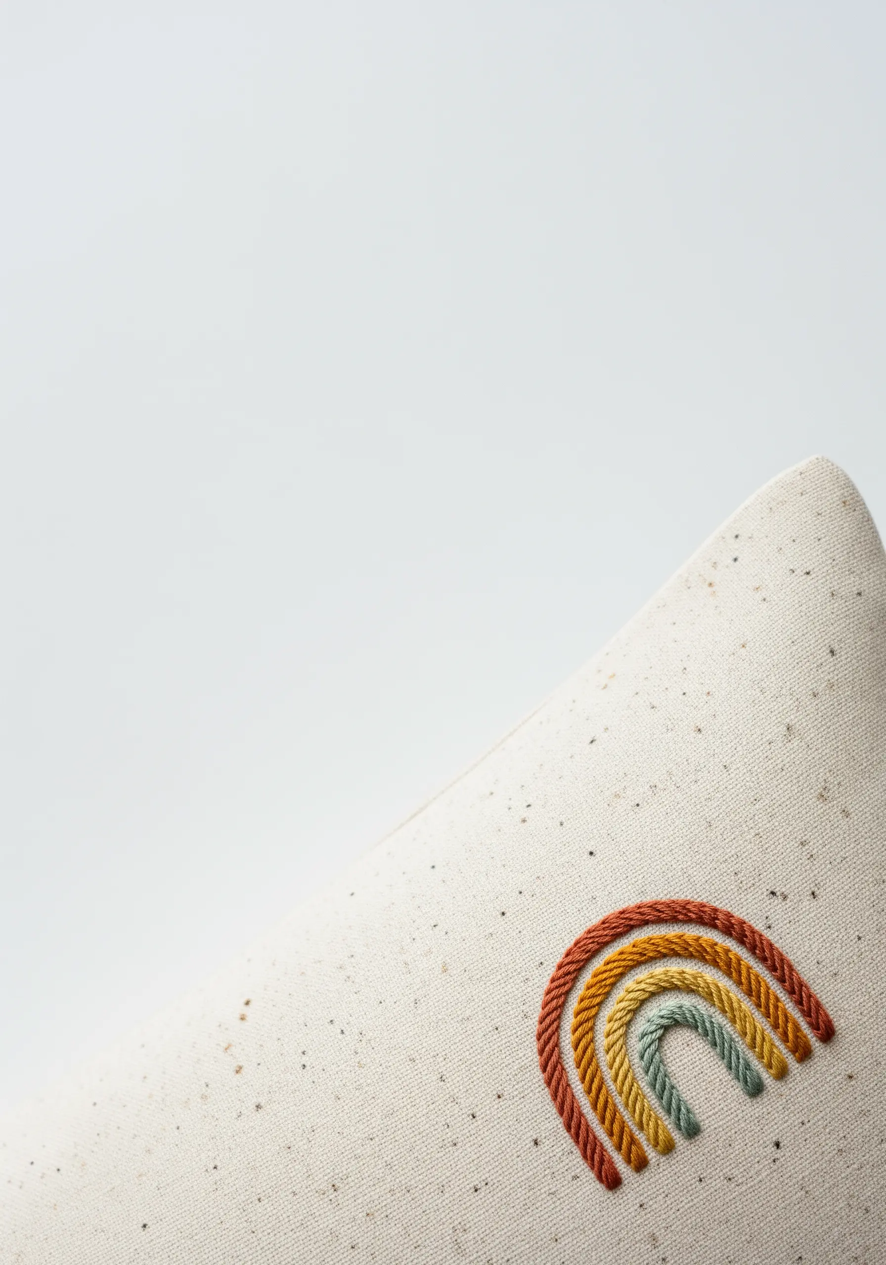 A small rainbow embroidered in earthy tones on the corner of a speckled, off-white pillowcase.