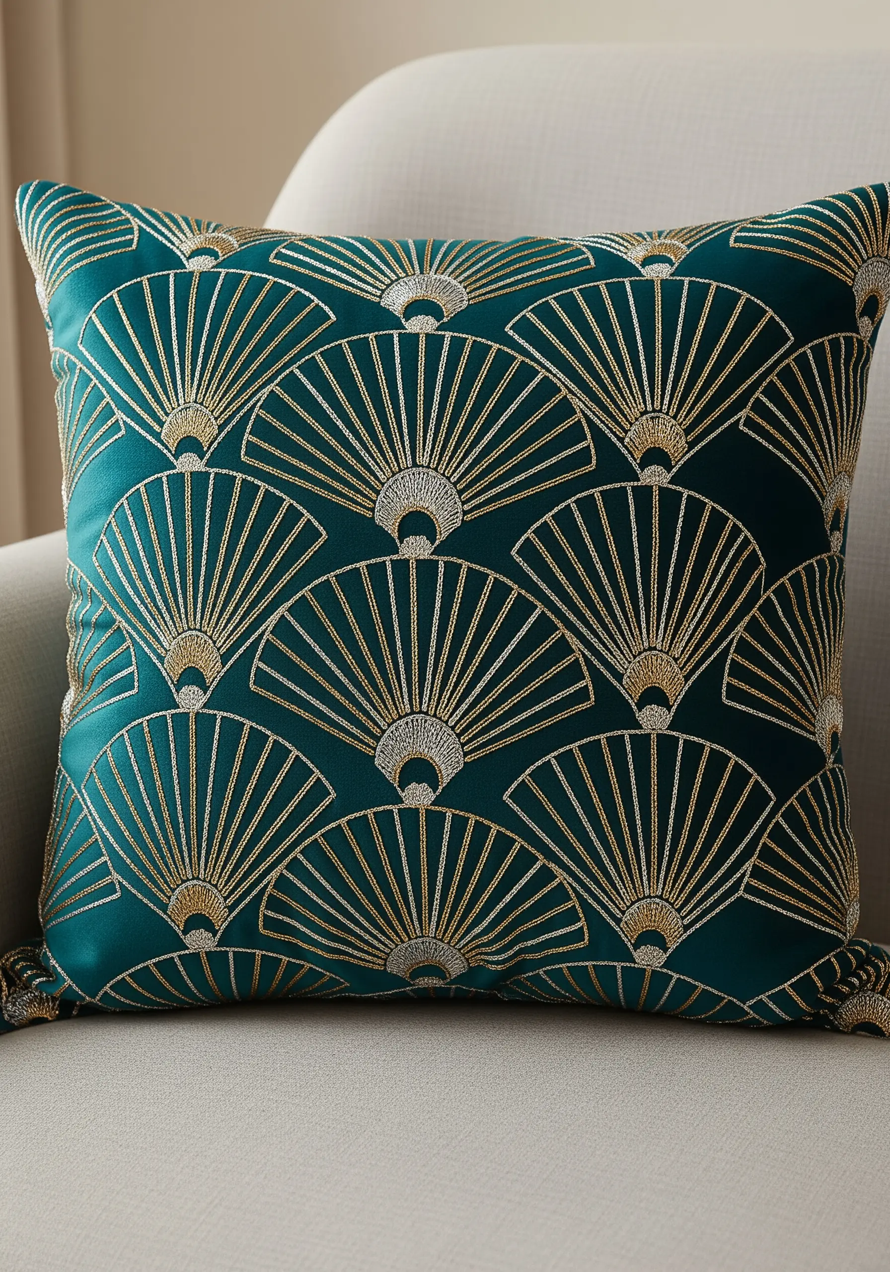 Gold and silver metallic thread embroidered in an Art Deco fan pattern on a teal cushion.