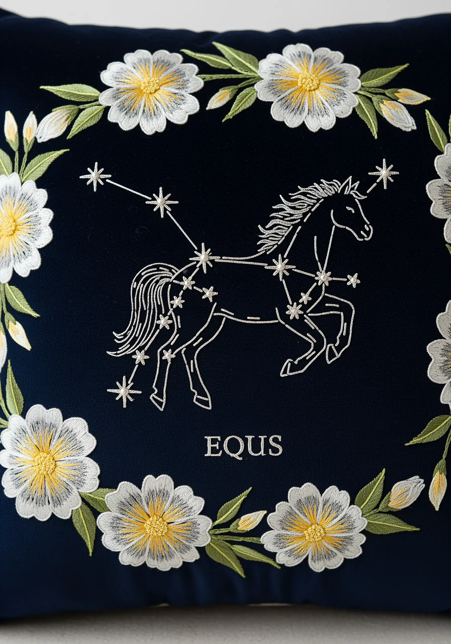 Embroidered horse constellation in silver metallic thread on a dark blue floral pillow.