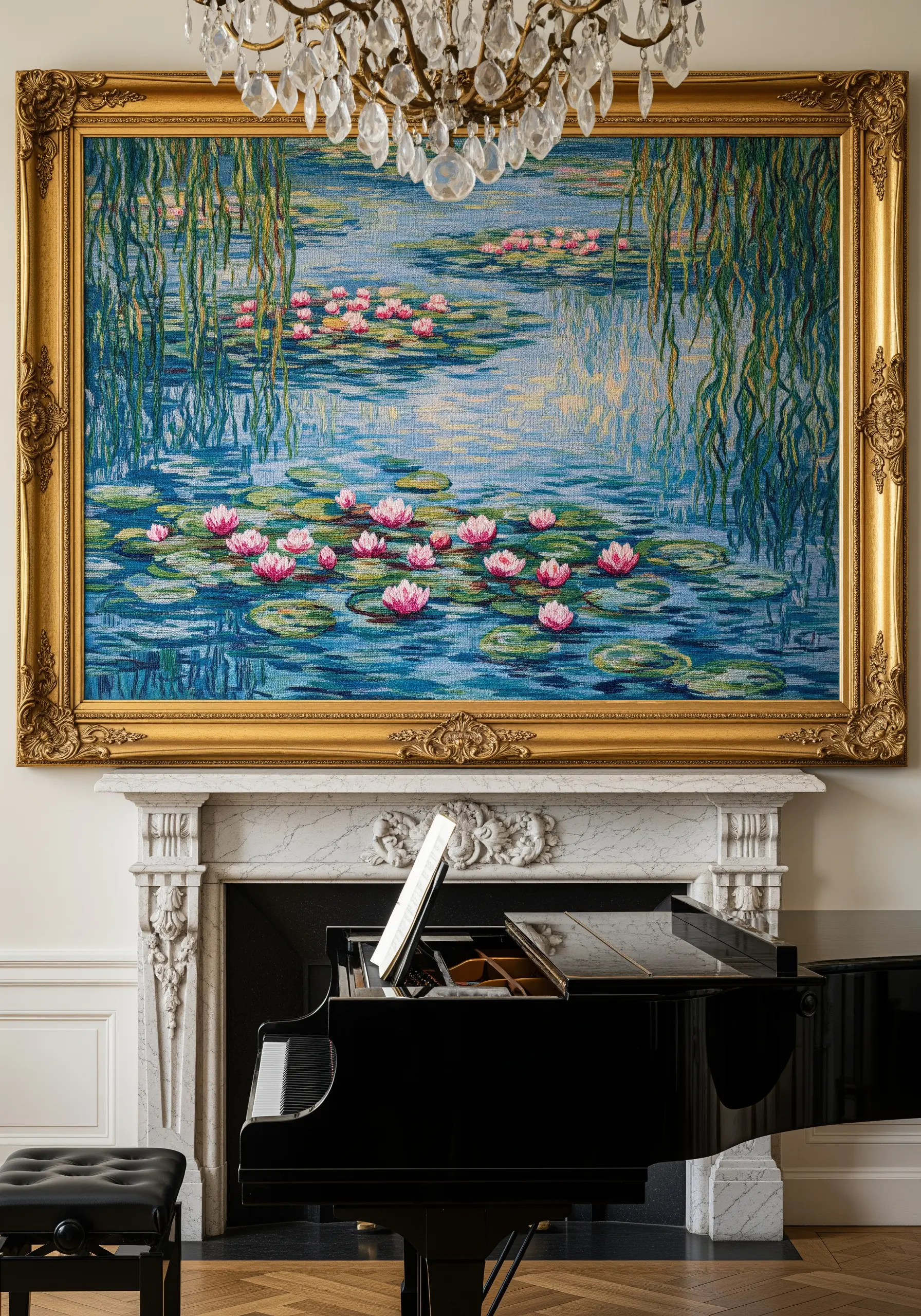 A large, ornate-framed embroidery of Monet's water lilies hanging above a piano.