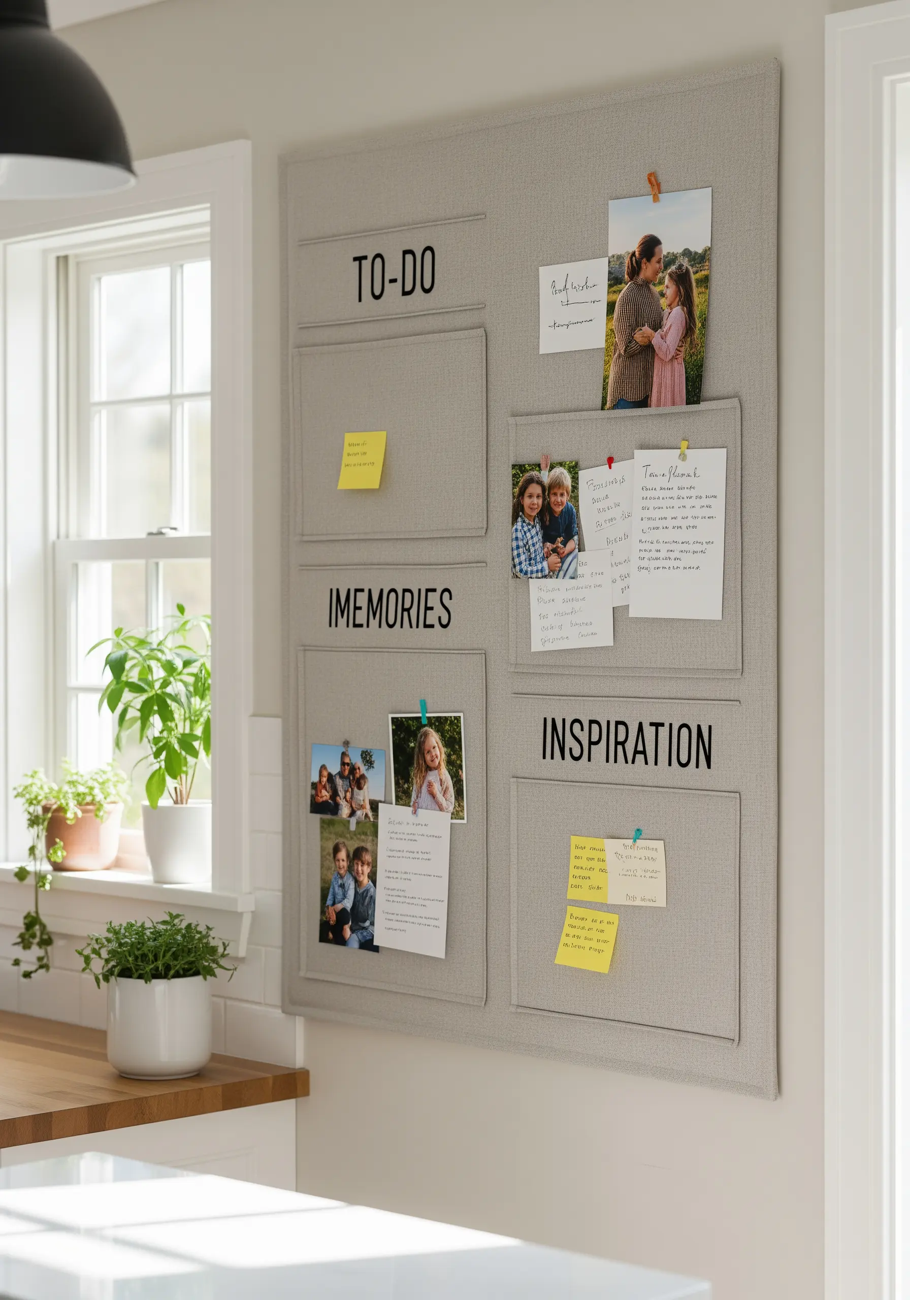 Large fabric-covered memo board with embroidered section titles for family organization.