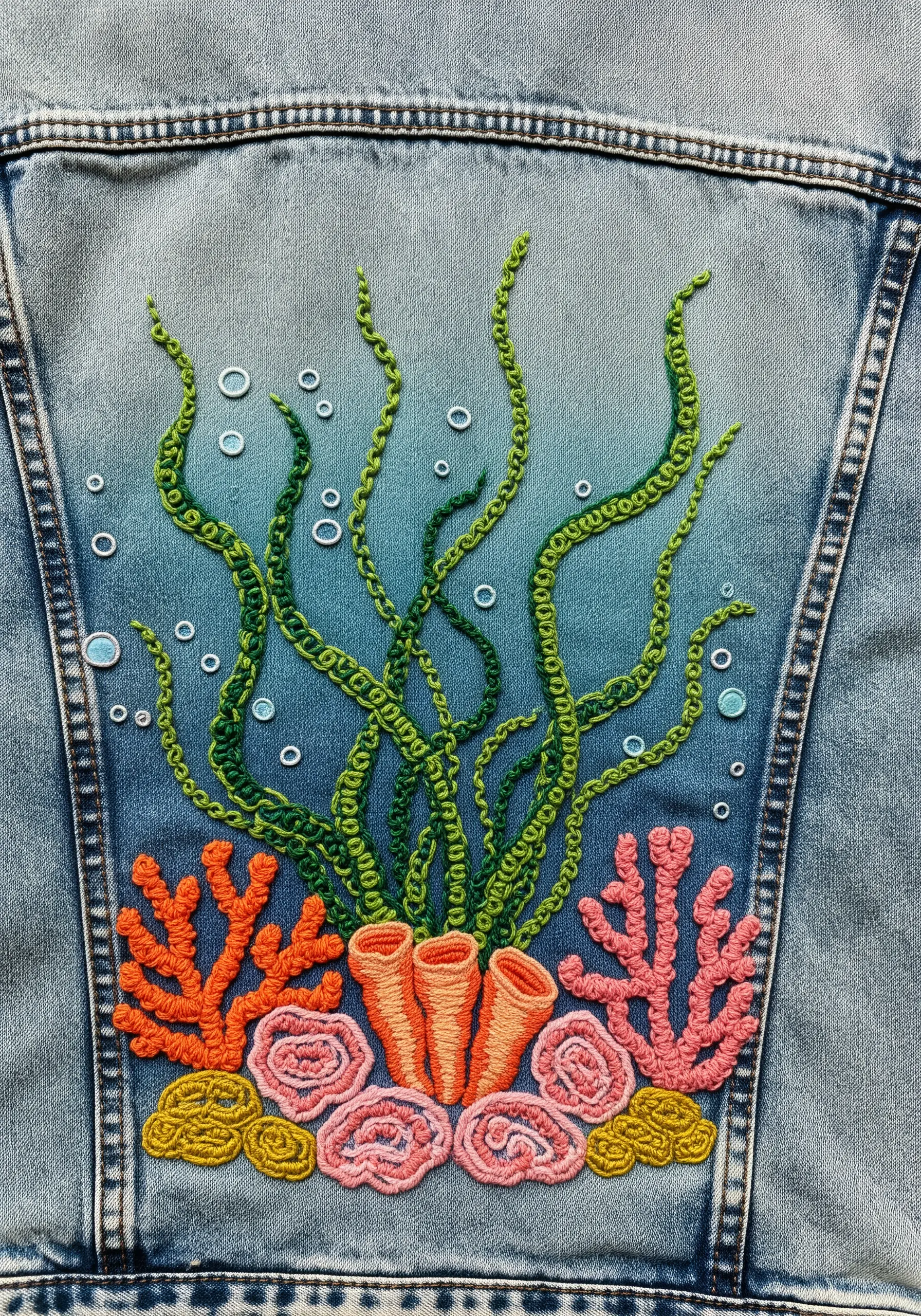 Embroidered coral, seaweed, and ocean textures on the back of a light wash denim jacket.
