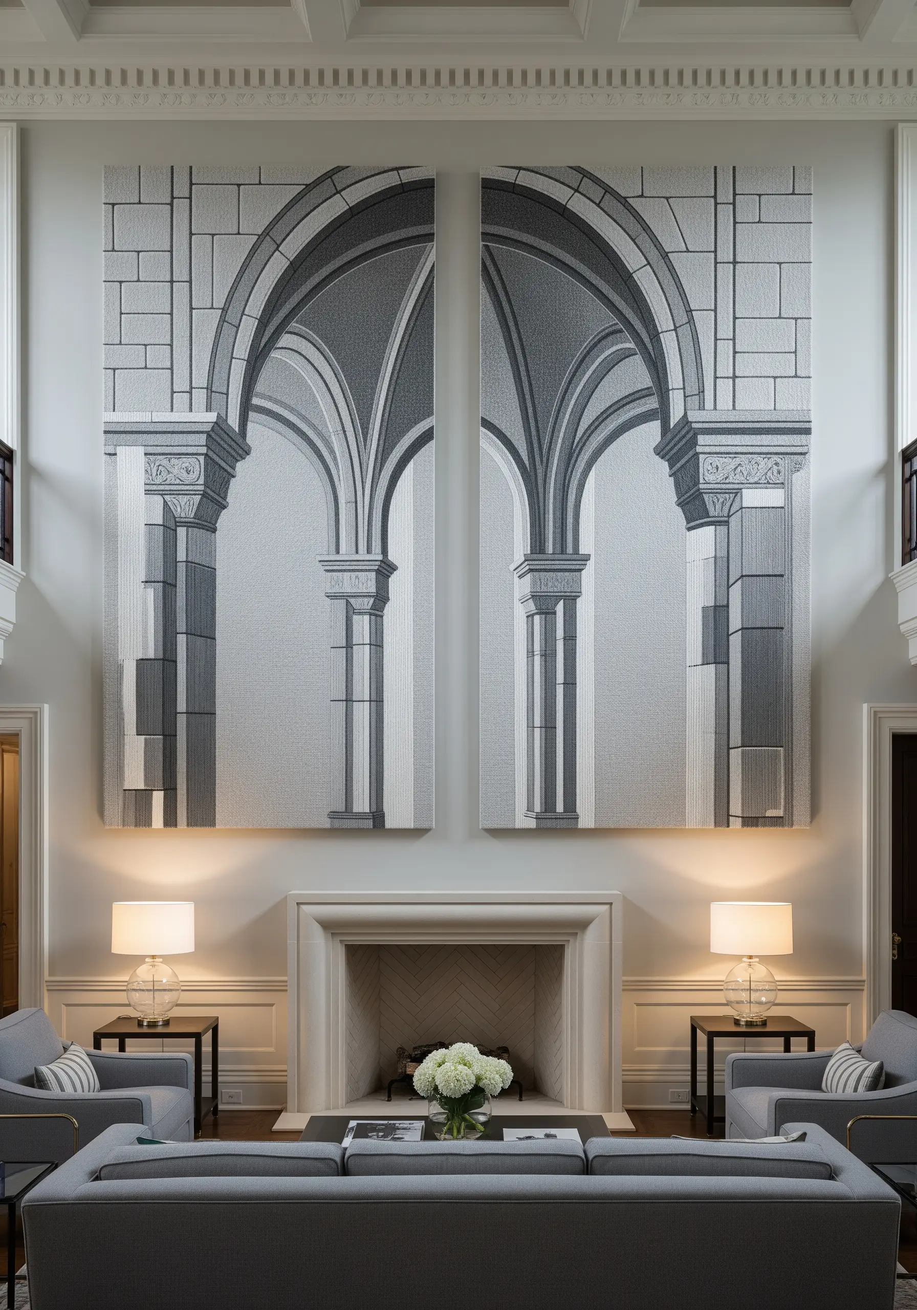 Two large embroidered panels depicting a grey-scale Gothic archway.
