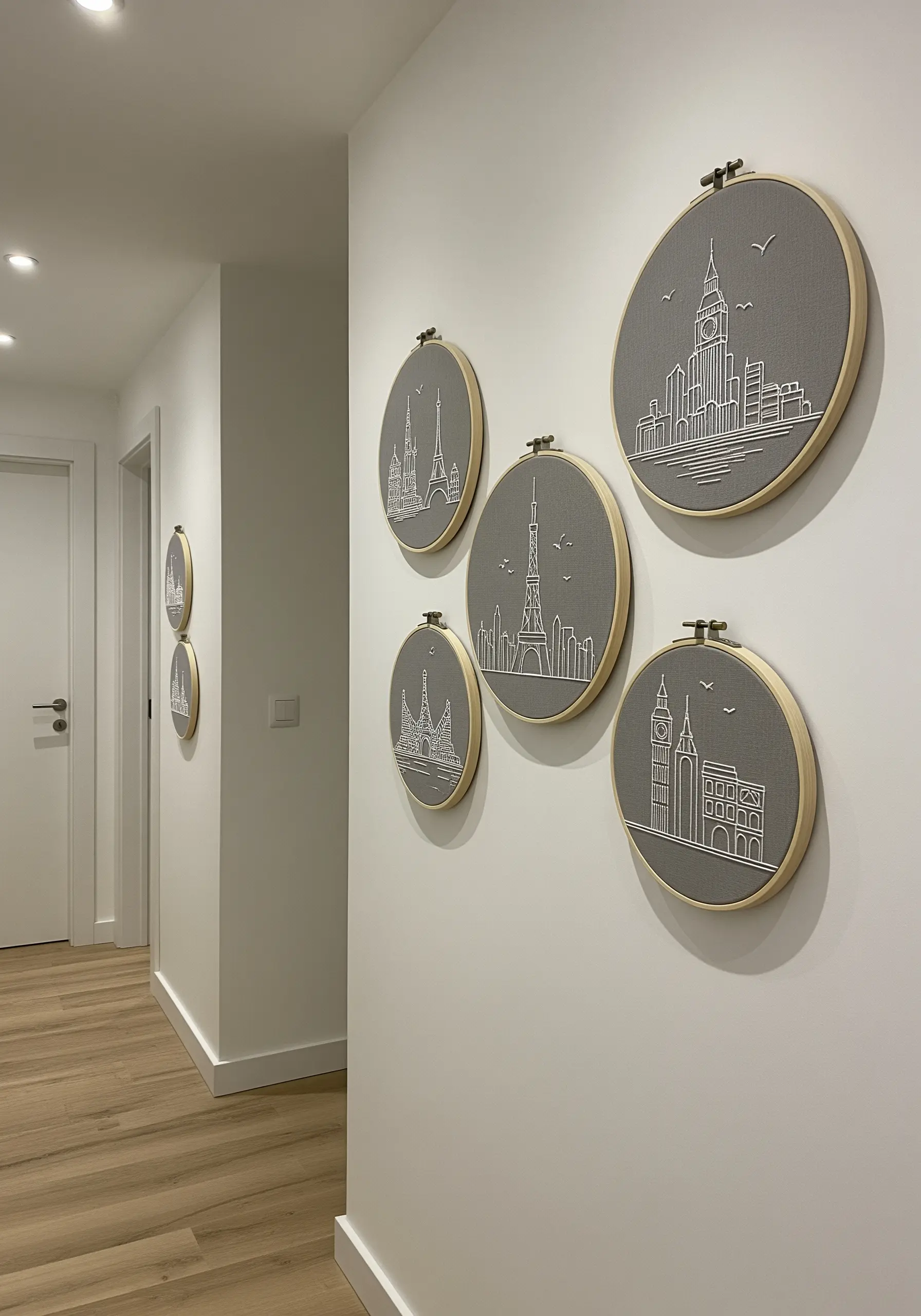 A gallery of embroidery hoops featuring white-line architectural cityscapes on gray fabric.