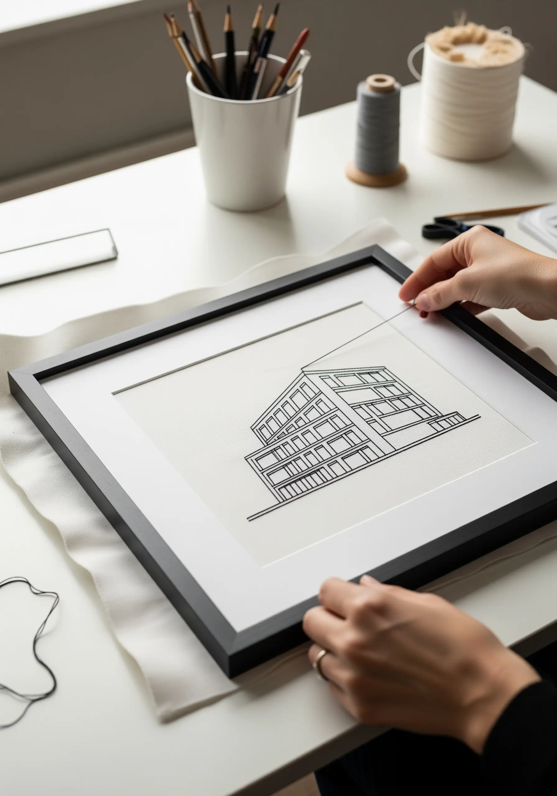 A detailed architectural line drawing of a building, framed for wall art.