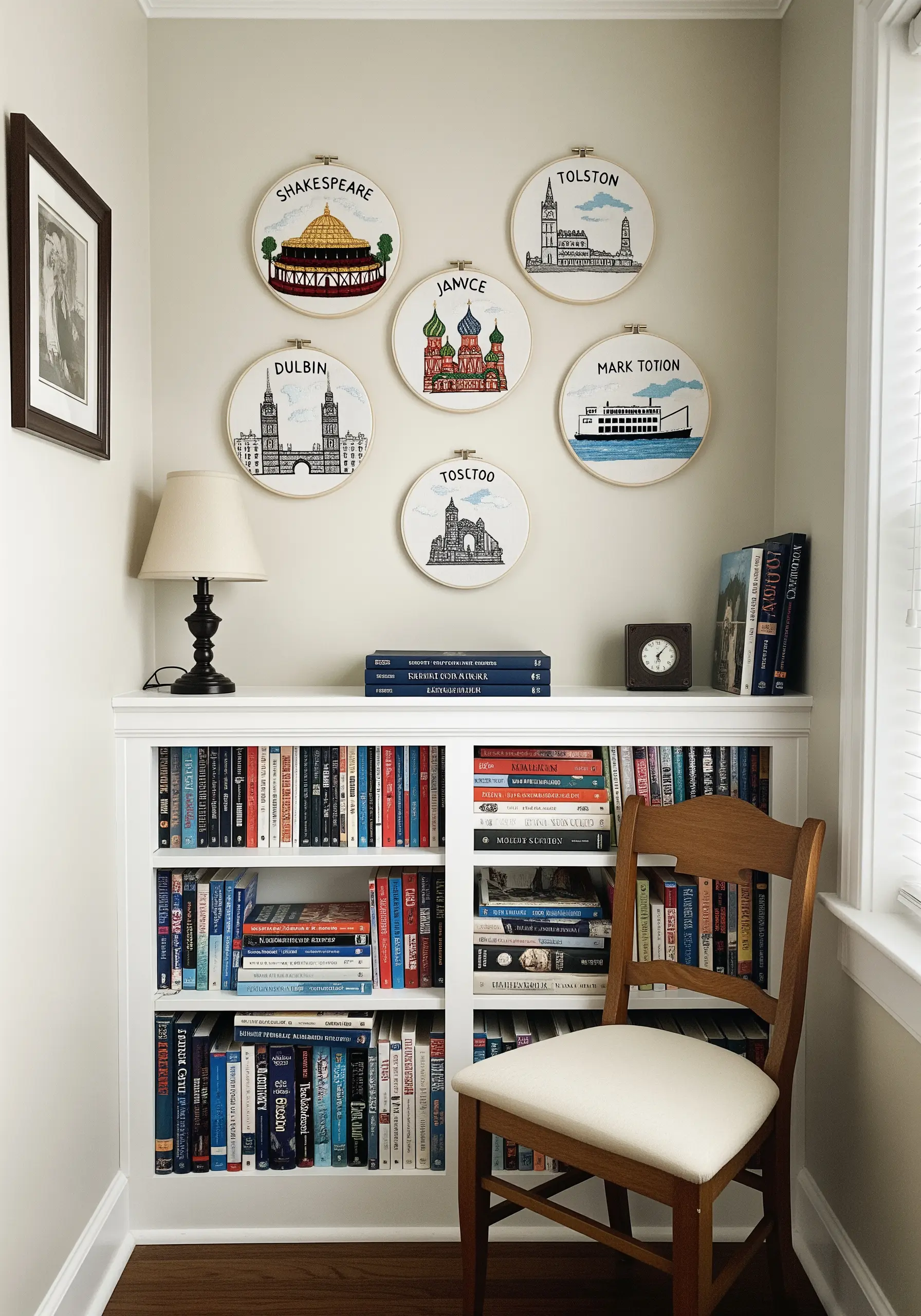 Embroidery hoops featuring architectural sketches of world landmarks above a bookshelf.