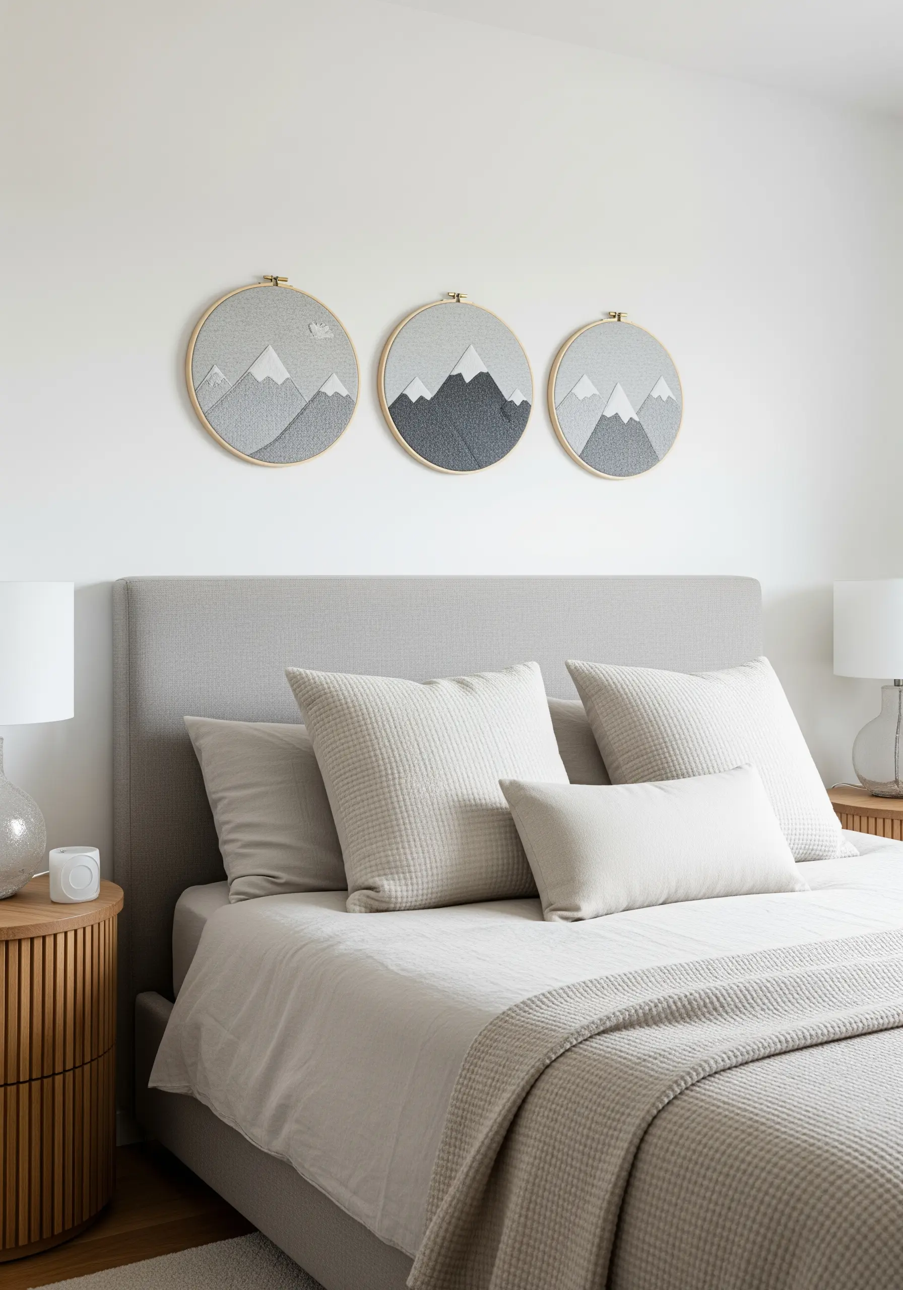 A triptych of embroidered mountain landscapes in shades of grey hanging above a bed.