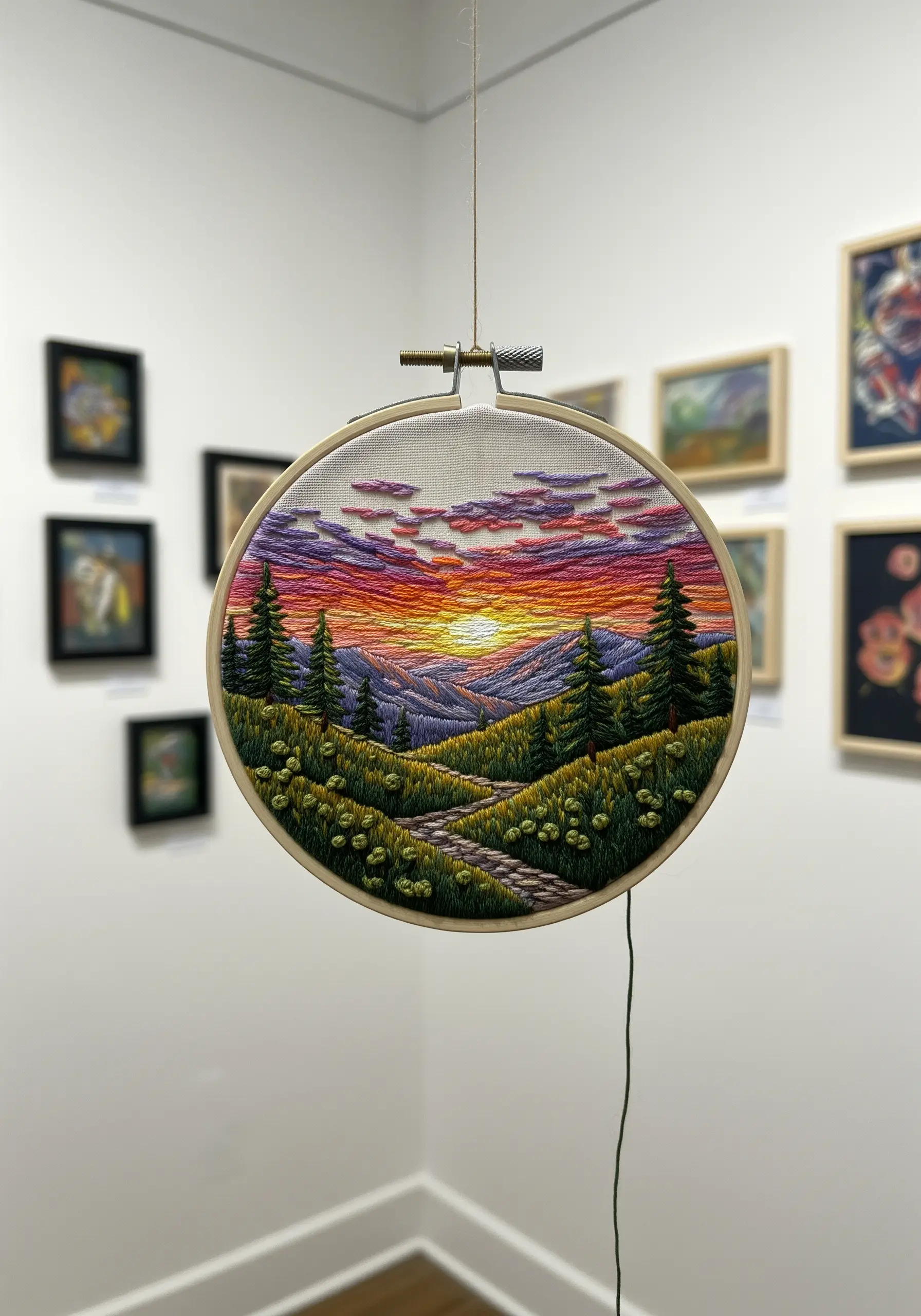 Embroidered landscape of a mountain sunset hanging in a gallery.