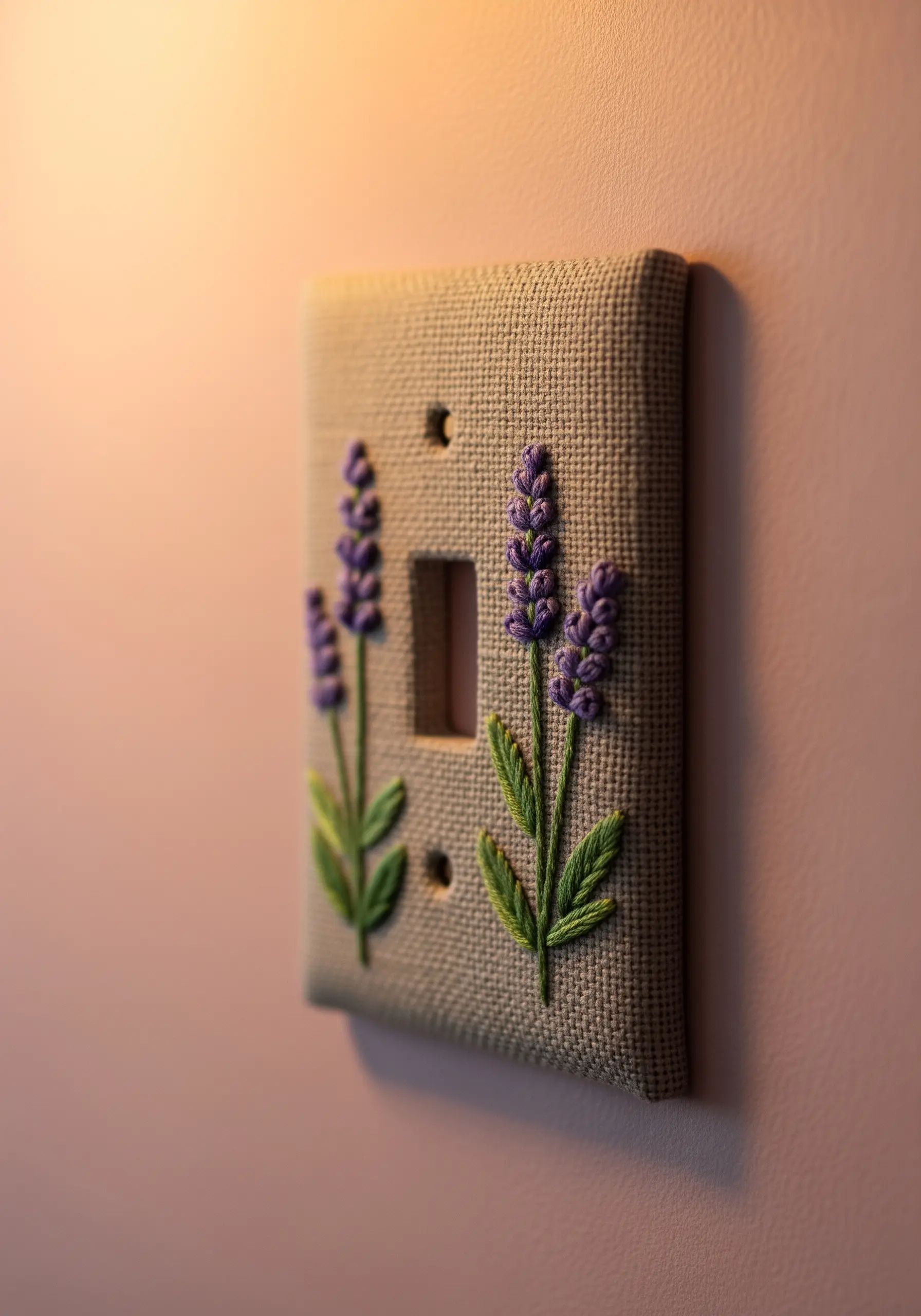Embroidered lavender sprigs on a linen light switch cover.