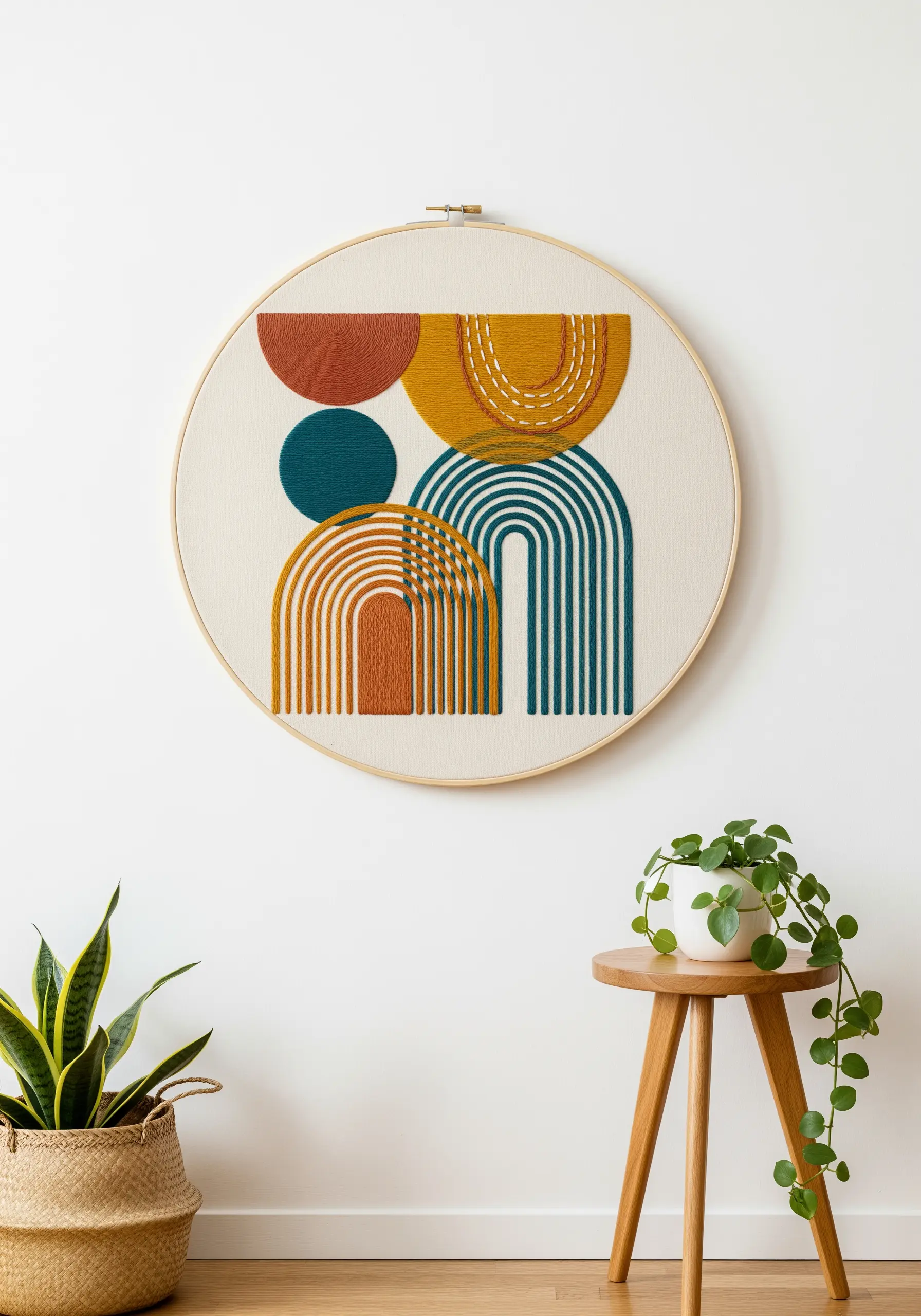 Abstract geometric embroidery hoop art with semi-circles and rainbows in orange, yellow, and teal.