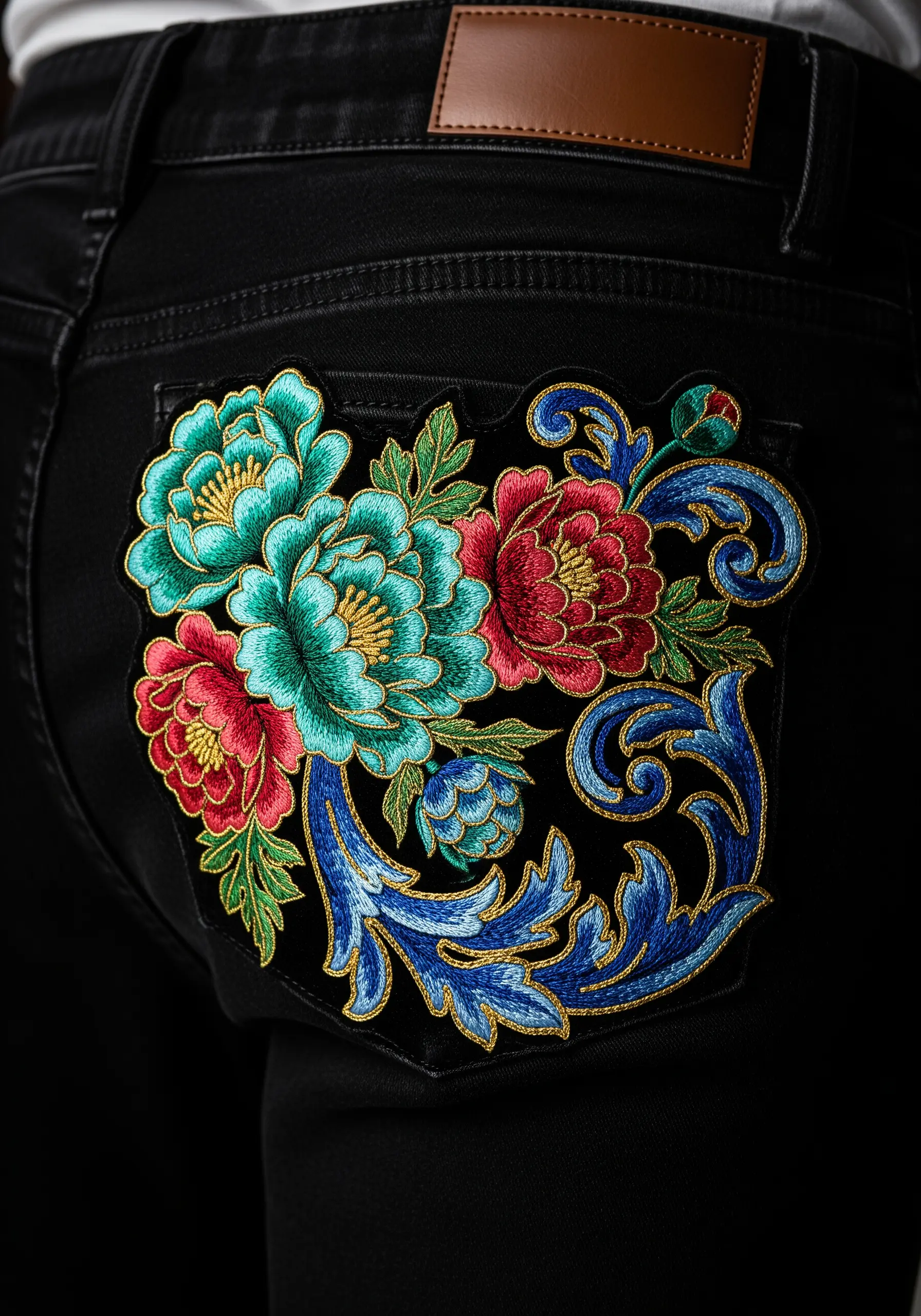 A large, vibrant patch of Chinoiserie-style peonies and scrolls on the back of black jeans.