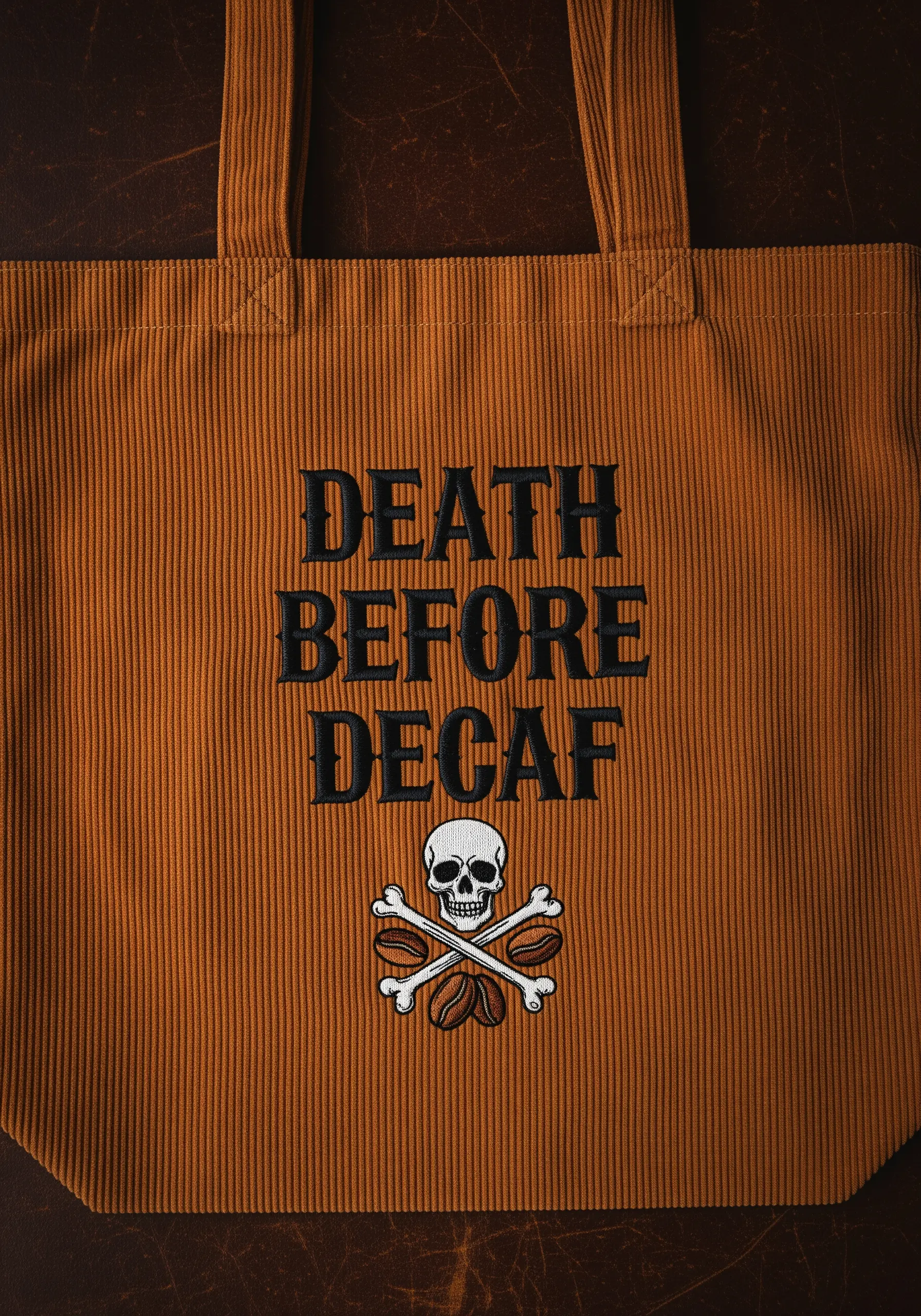 Embroidered text 'Death Before Decaf' with a skull and crossbones on a corduroy tote.