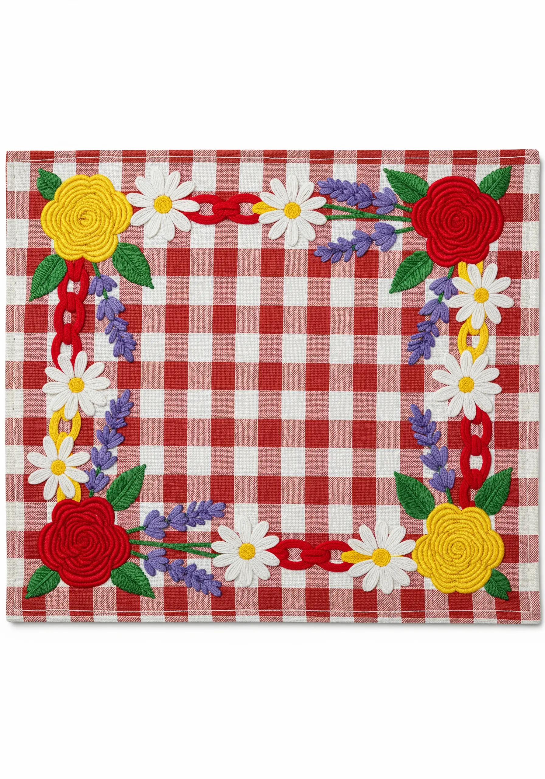 A floral border with red and yellow roses on a red-and-white gingham placemat.