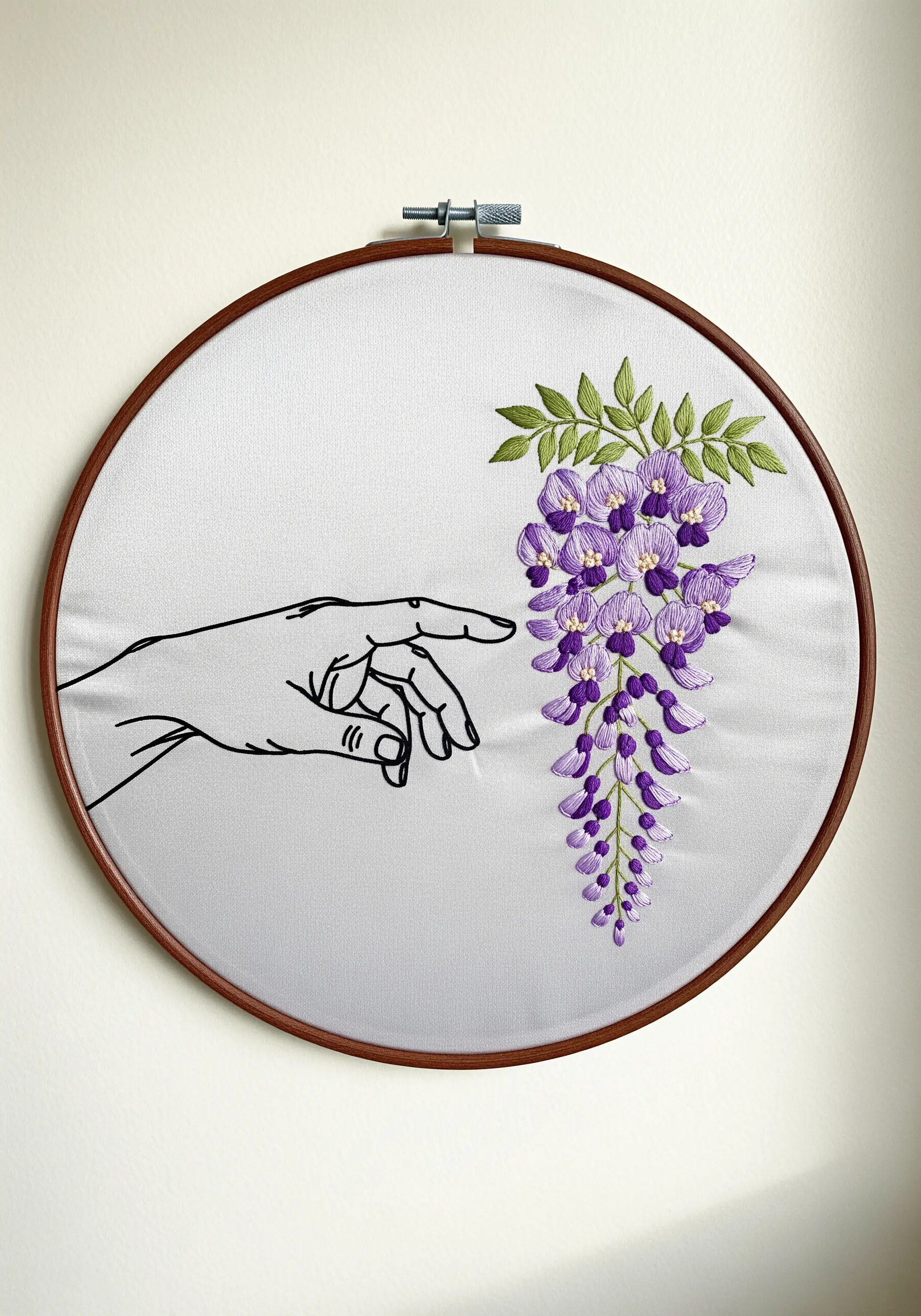 Line art hand reaching for a cascade of shaded purple wisteria flowers.