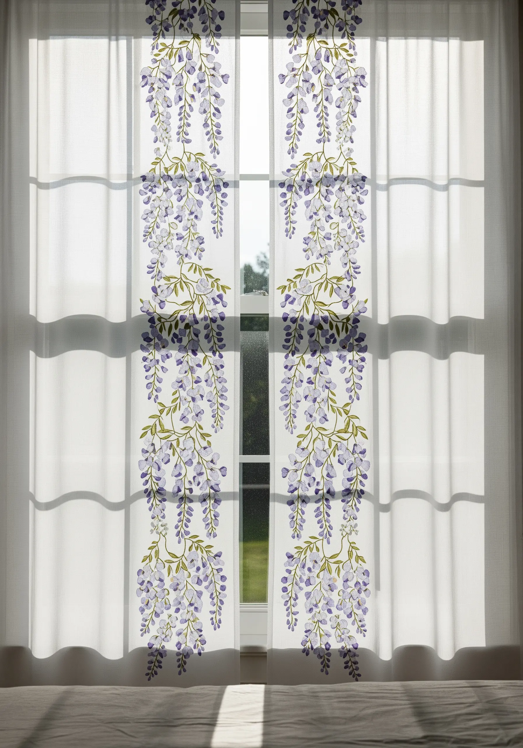 Purple wisteria embroidery cascading down the edges of sheer white curtains.