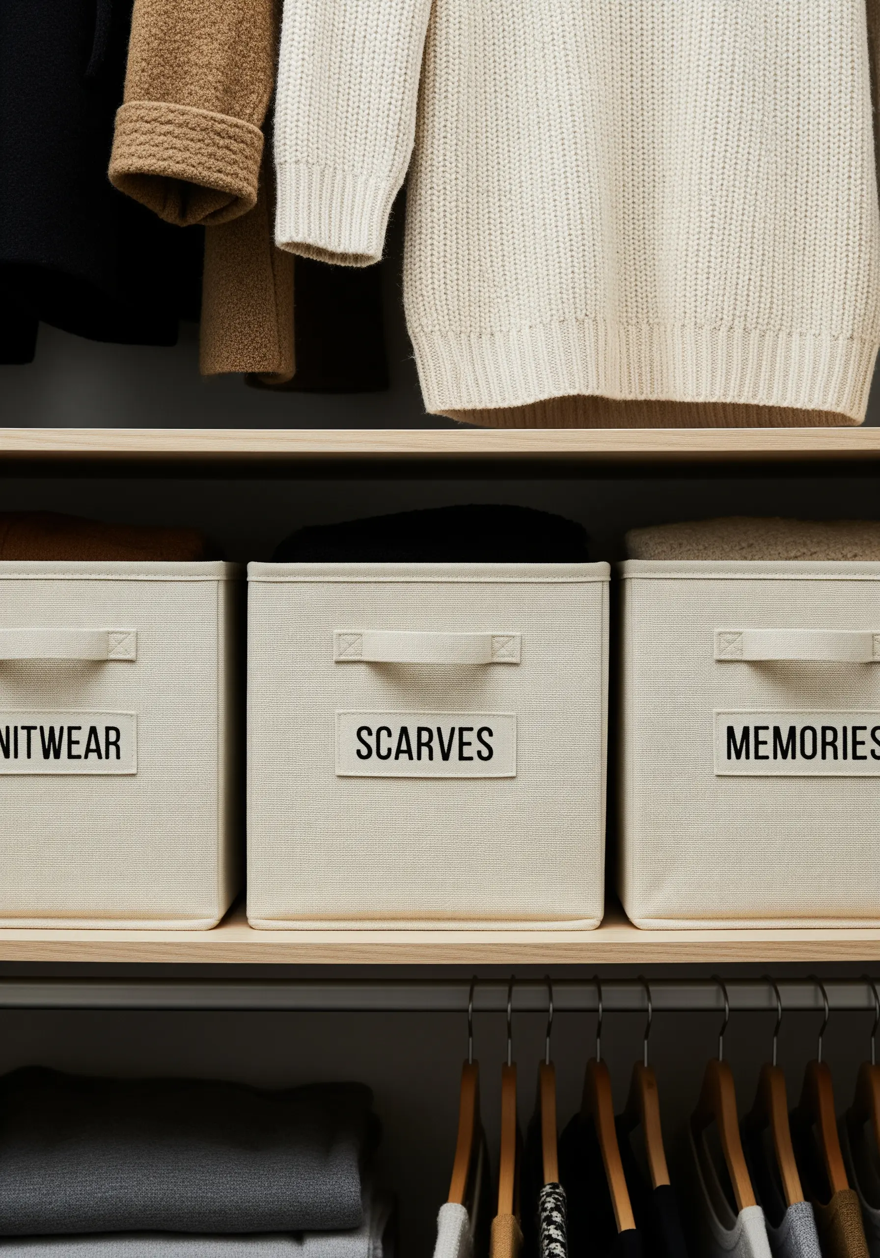 Three cream-colored fabric storage bins with simple, block-letter embroidered labels: KNITWEAR, SCARVES, MEMORIES.