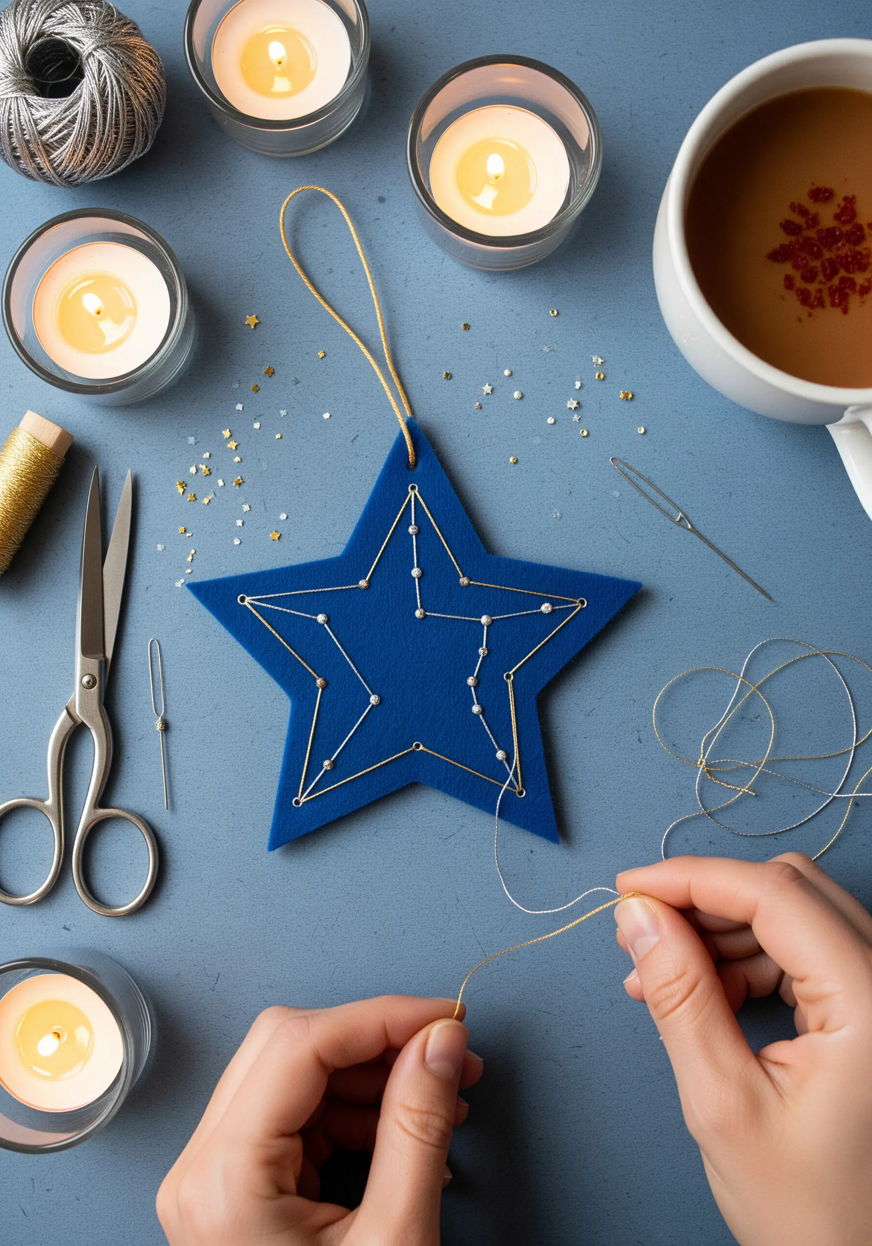 A blue felt star ornament being stitched with gold metallic thread to form a constellation.