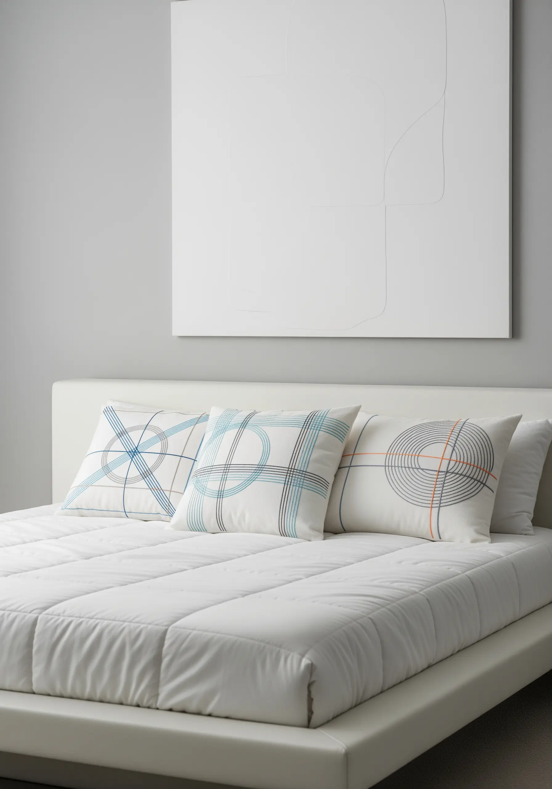 Modern pillows with intersecting blue and black embroidered lines in geometric patterns.