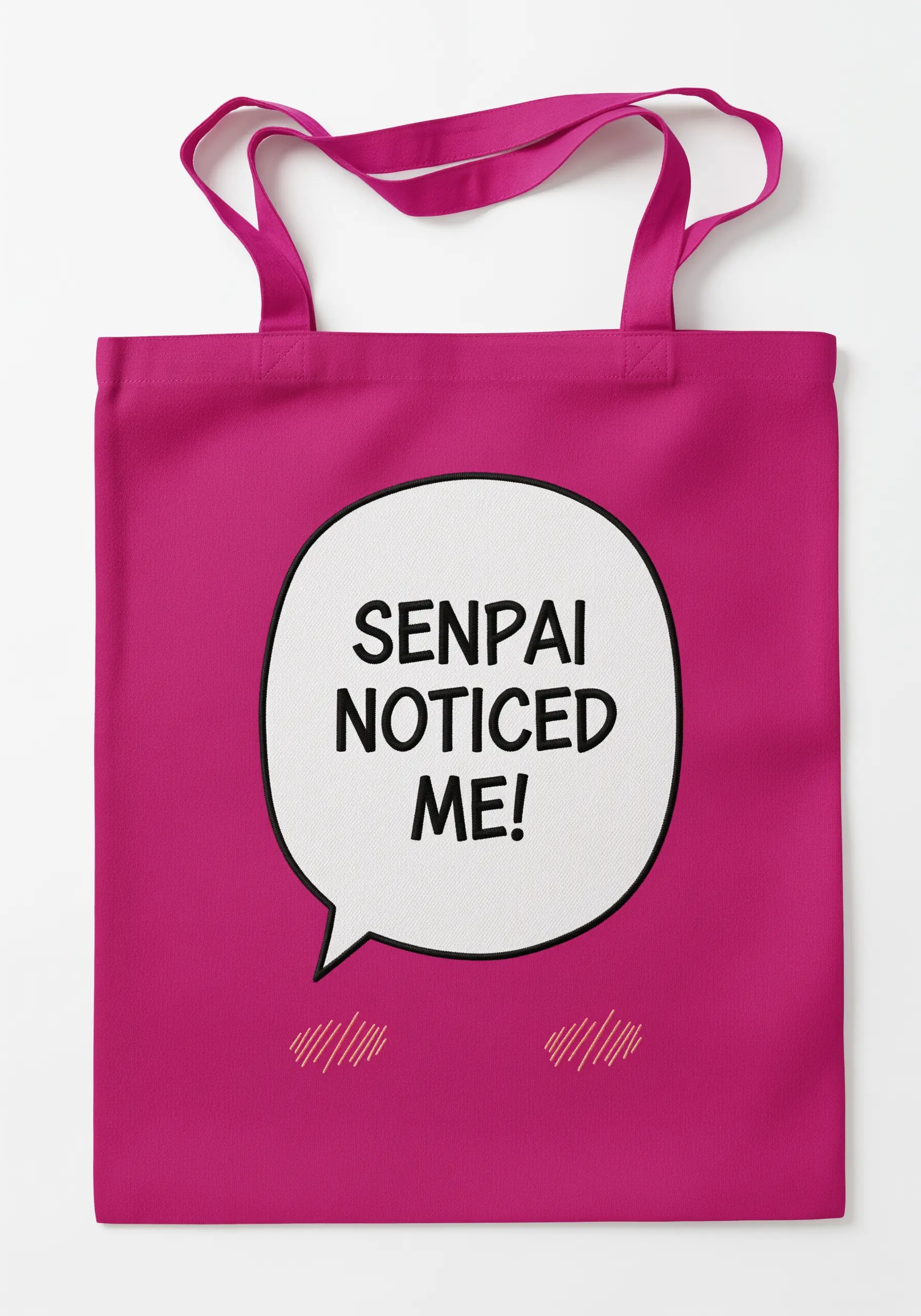 An embroidered speech bubble with the text 'SENPAI NOTICED ME!' on a pink tote bag.