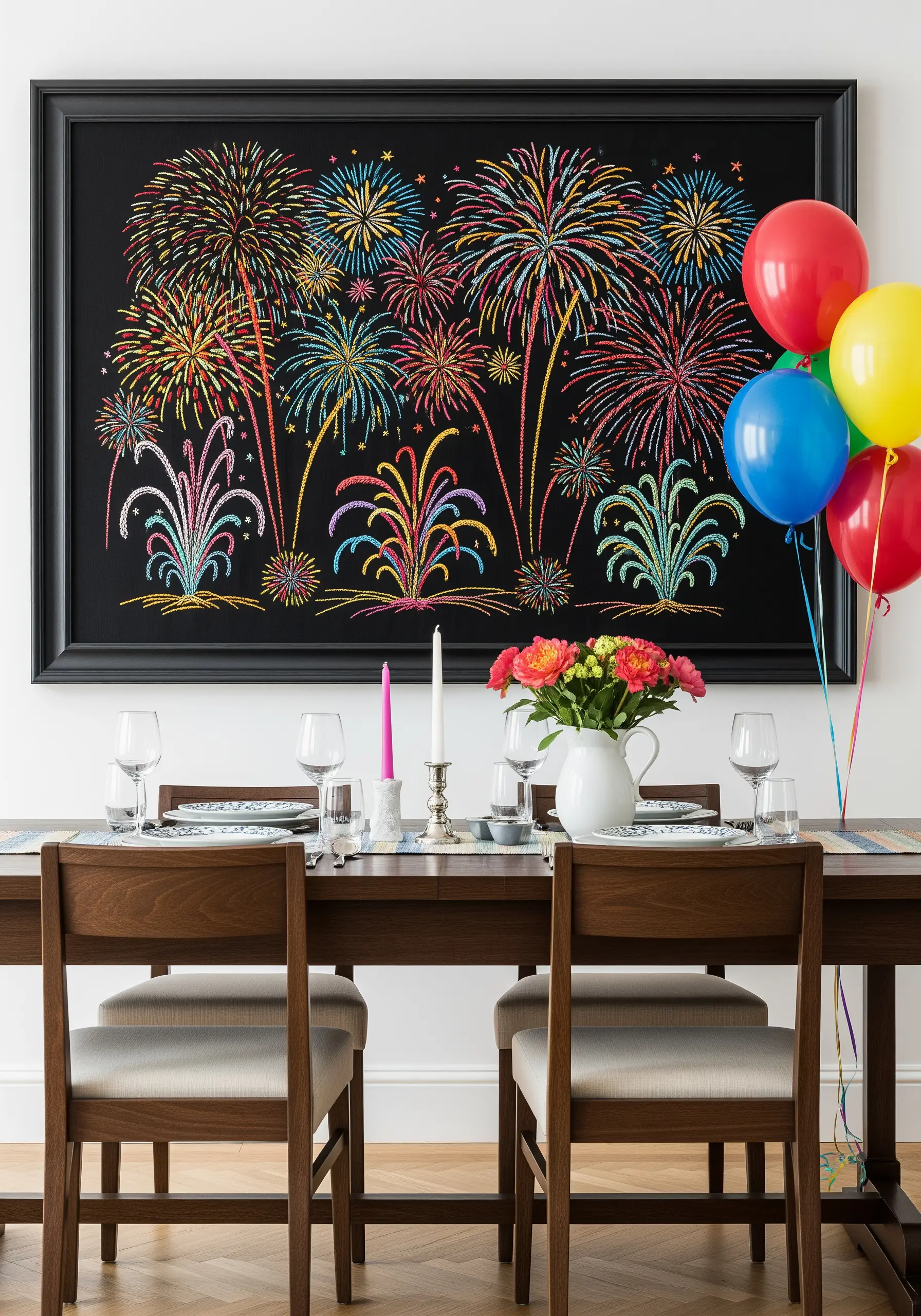 A large framed embroidery of a colorful fireworks display on a black background.