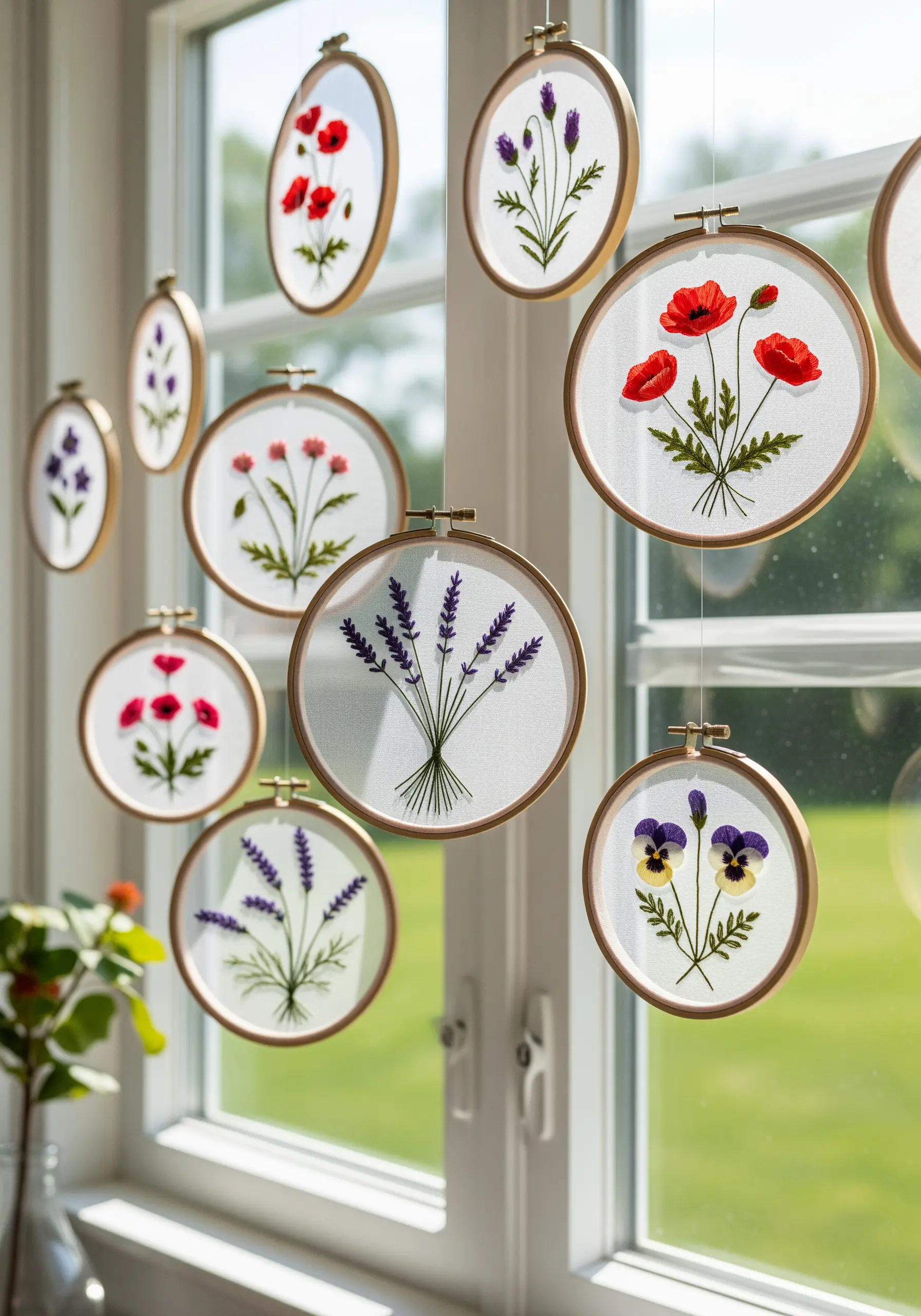 Multiple embroidery hoops with delicate floral designs on sheer fabric hanging in a window.