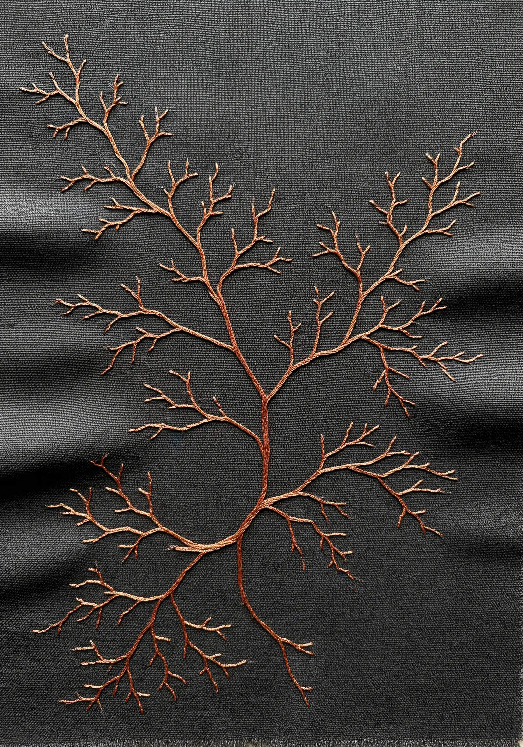 Intricate embroidery of bare, fractal-like branches in a coppery thread on dark grey fabric.
