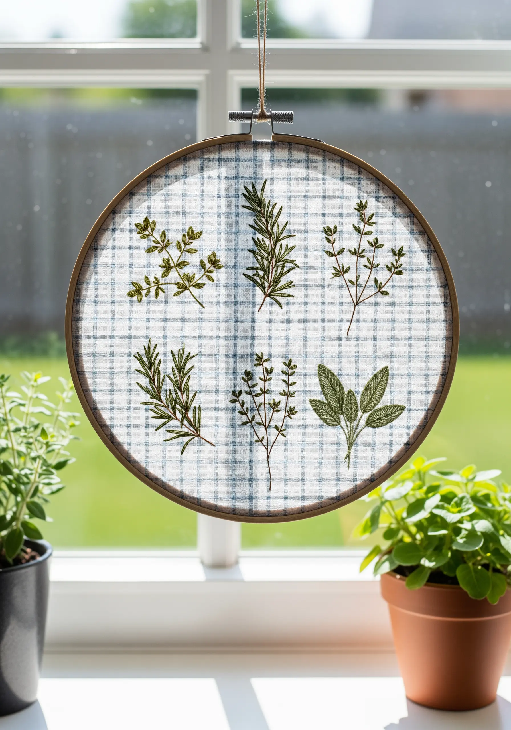 Delicate green herbs embroidered on a blue and white gingham fabric.