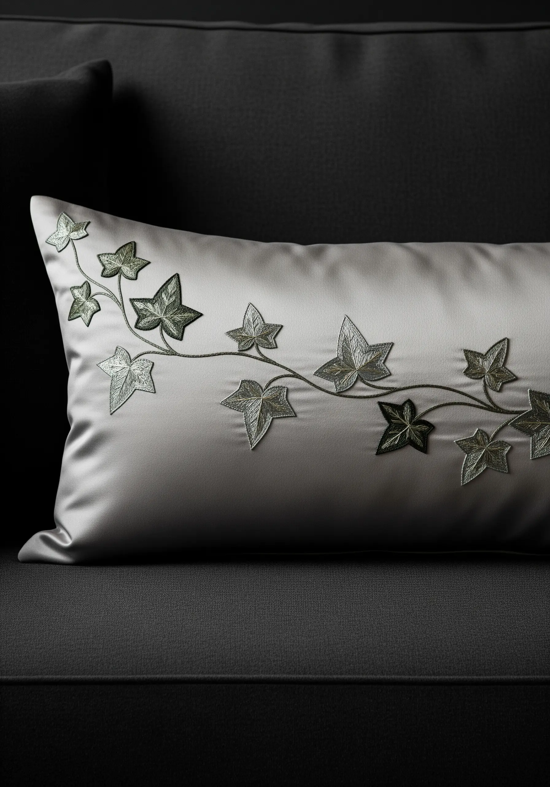 Delicate silver-green ivy vine embroidered on a lustrous light gray satin pillow.