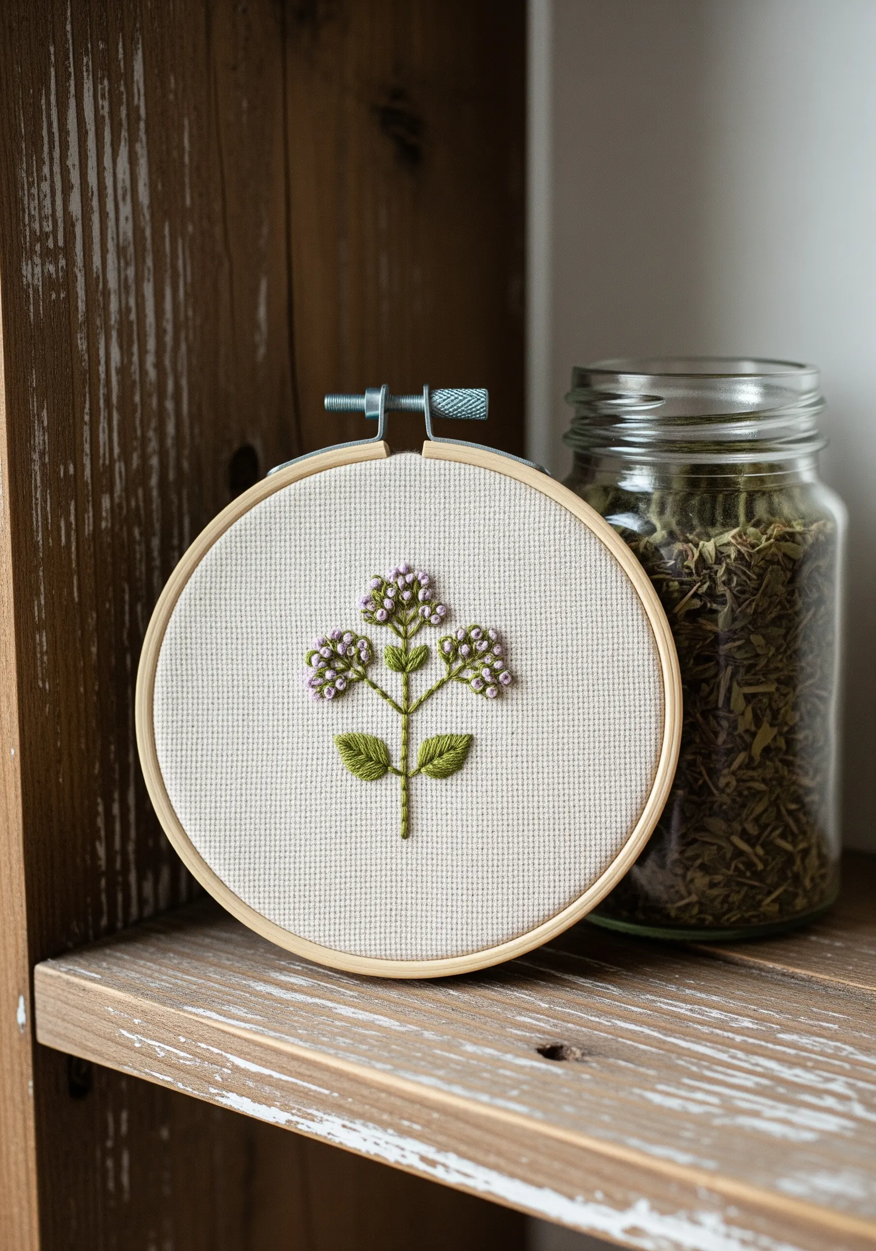 An oregano plant with green satin-stitch leaves and tiny pink and purple French knot flowers.