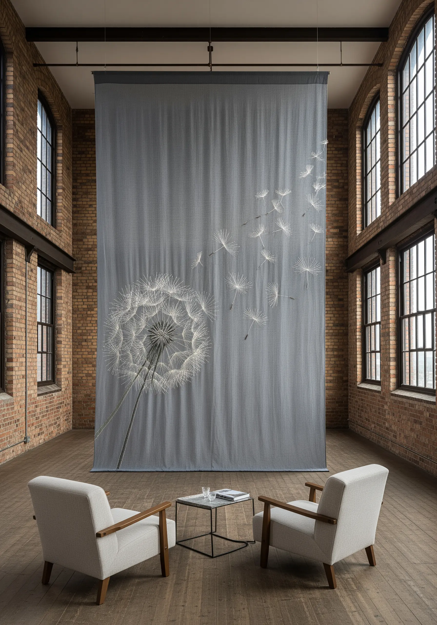 A large-scale embroidery of a dandelion with seeds blowing in the wind.