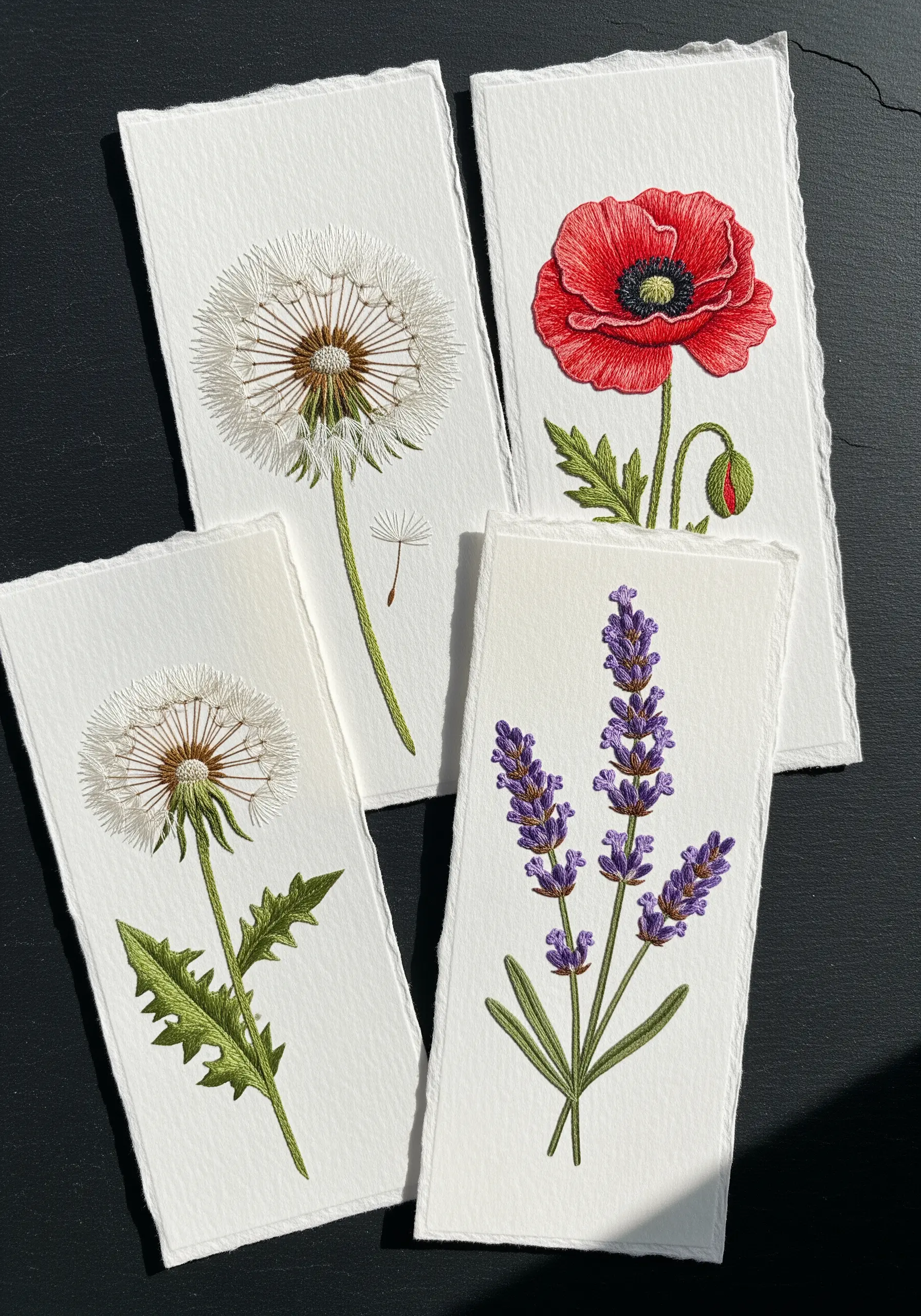 Four pieces of deckle-edge paper with detailed embroidery of a dandelion, poppy, and lavender.