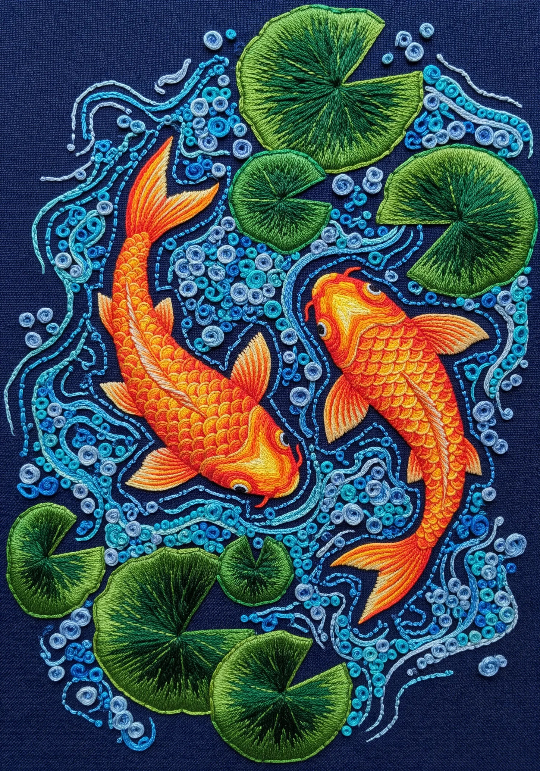 Vibrant embroidery of two orange koi fish swimming among lily pads in blue, textured water.