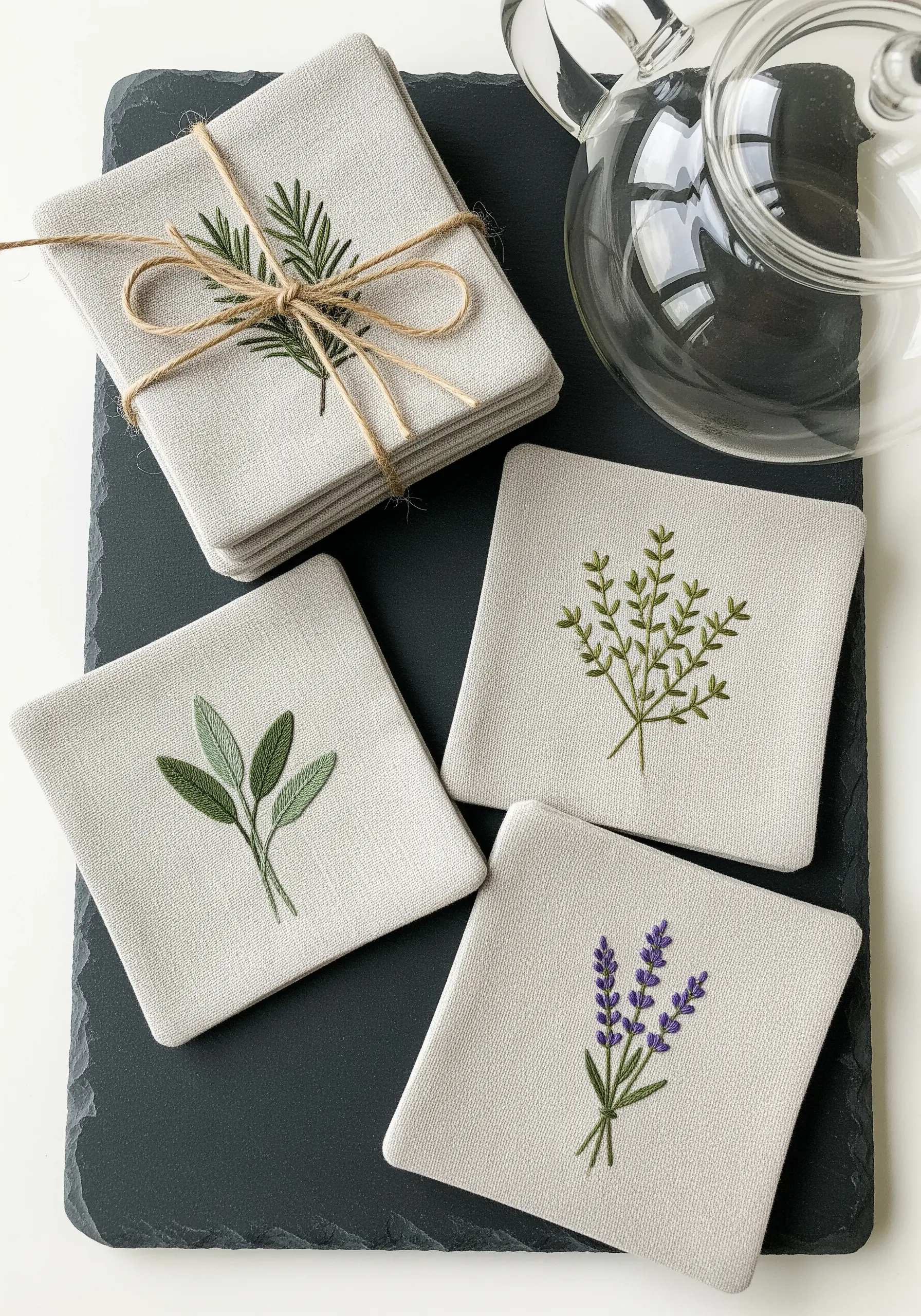 A set of four linen coasters, each embroidered with a different herb like rosemary, sage, or lavender.