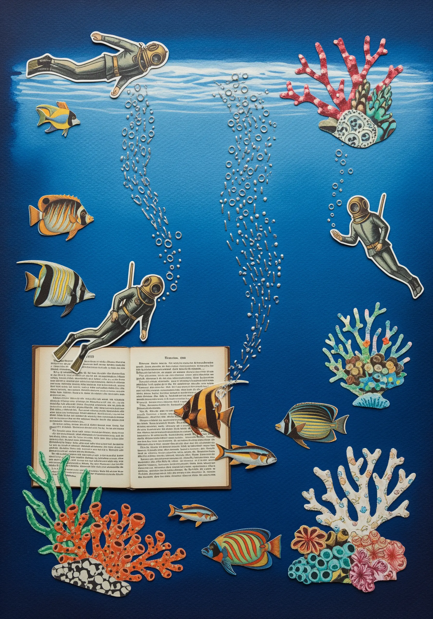 An underwater collage where streams of air bubbles are created with white French knots.