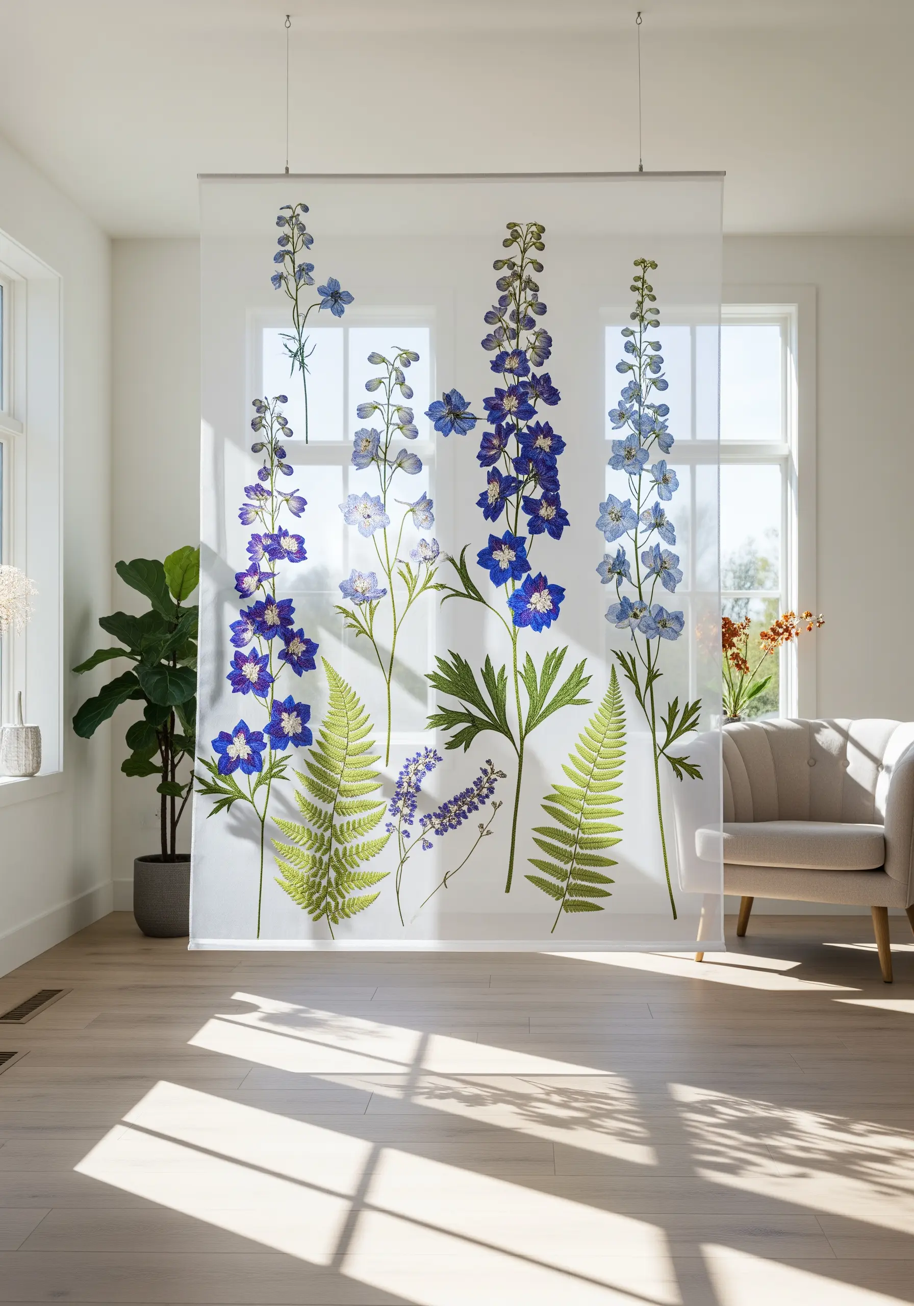 Sheer fabric panel with embroidered blue delphiniums acting as a room divider.