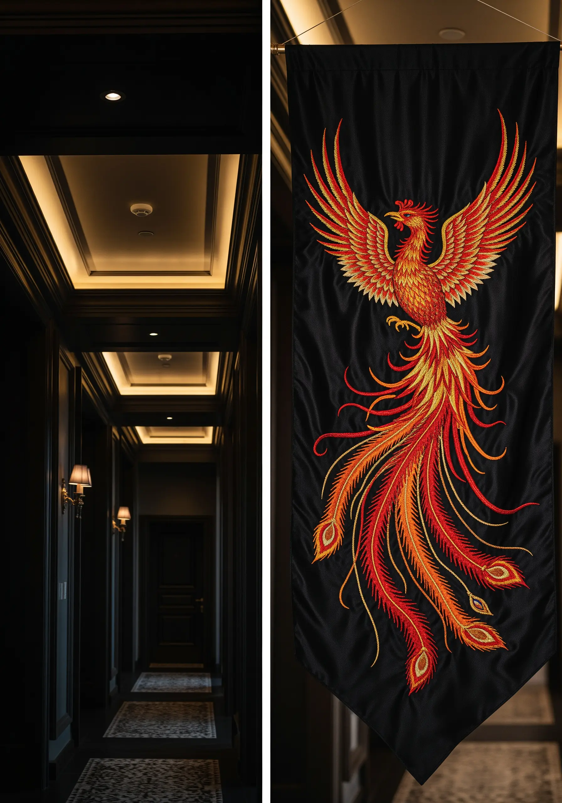 A vibrant phoenix embroidered with red, orange, and yellow gradients on a black banner.