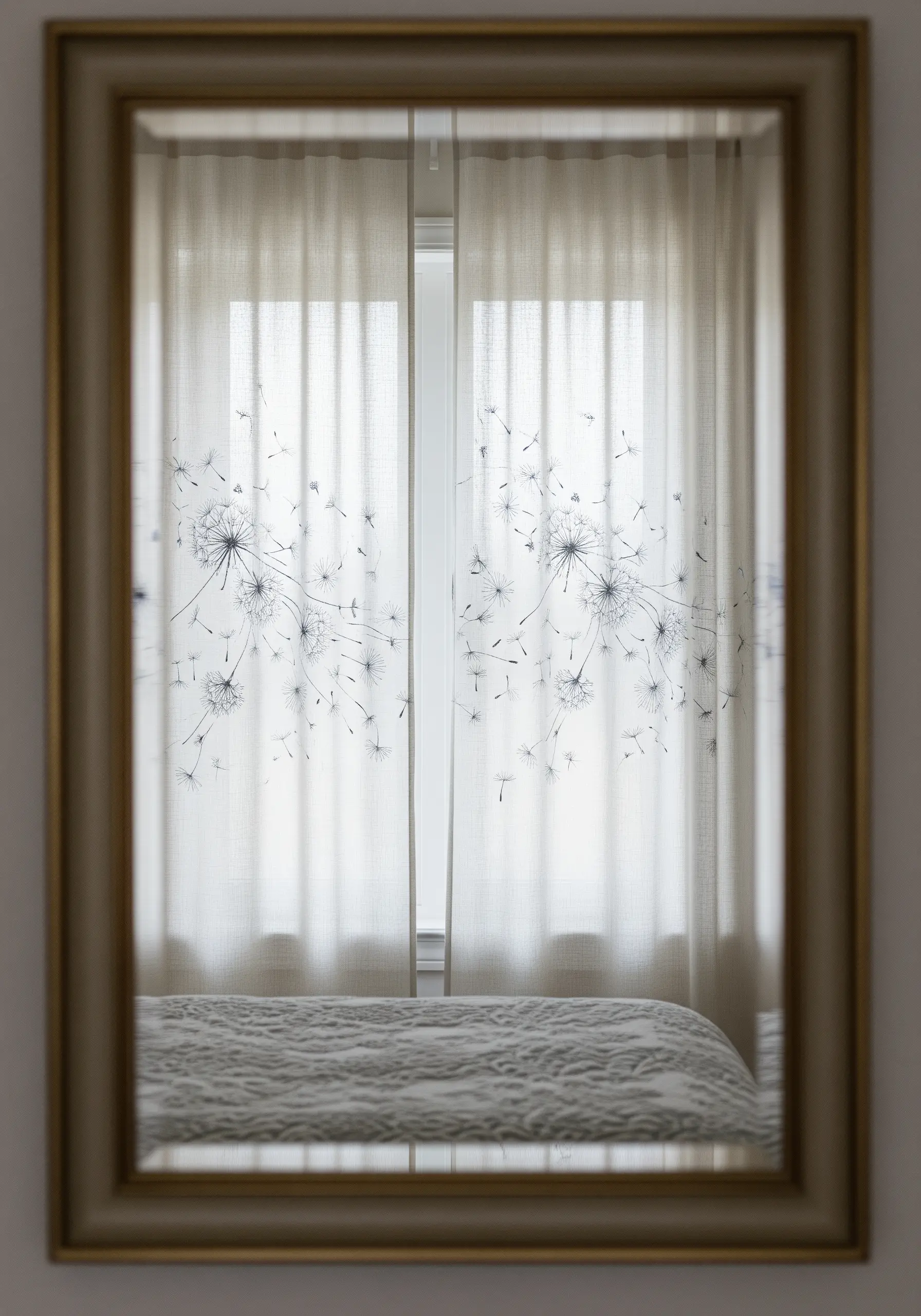 Delicate black thread embroidery of dandelion seeds floating across sheer white curtains.