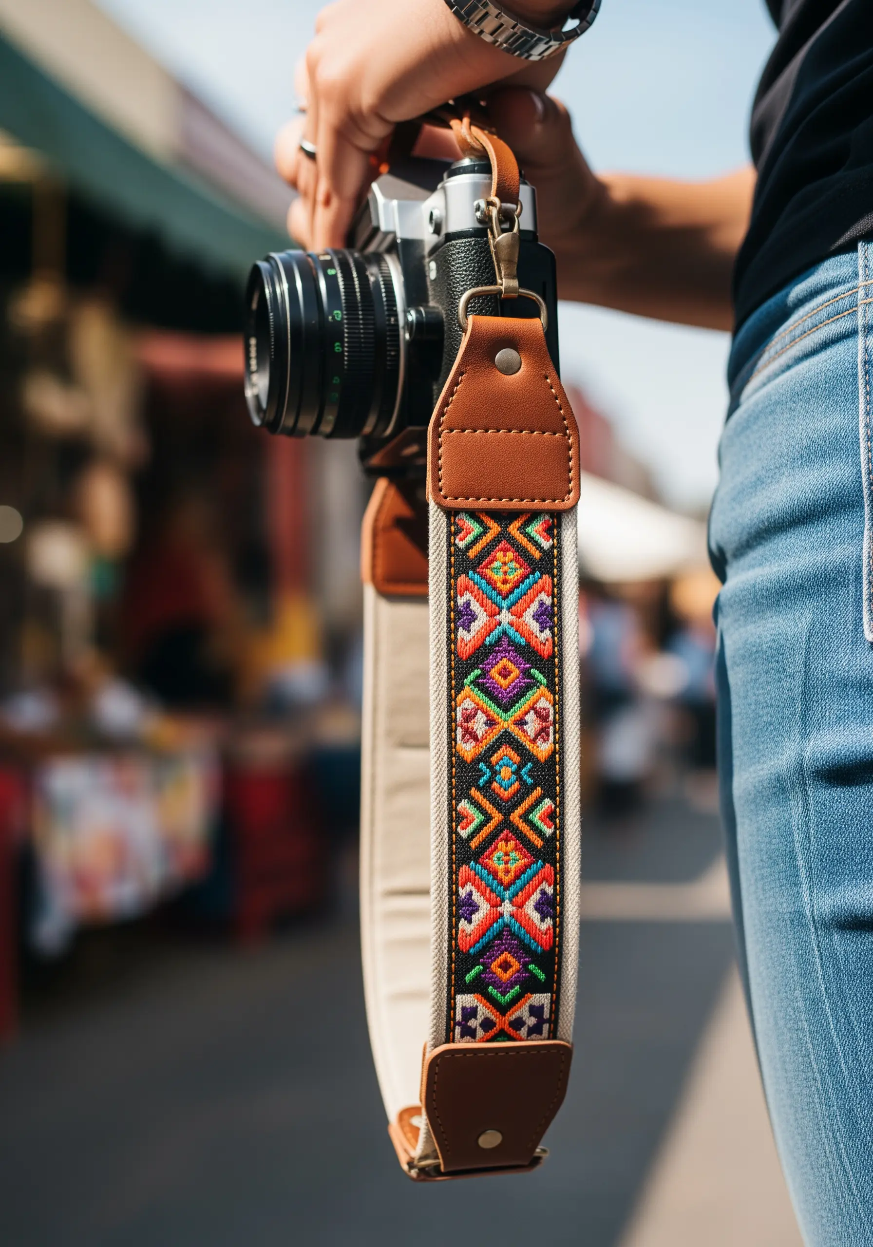 A custom camera strap featuring a vibrant, multicolored geometric embroidery pattern.