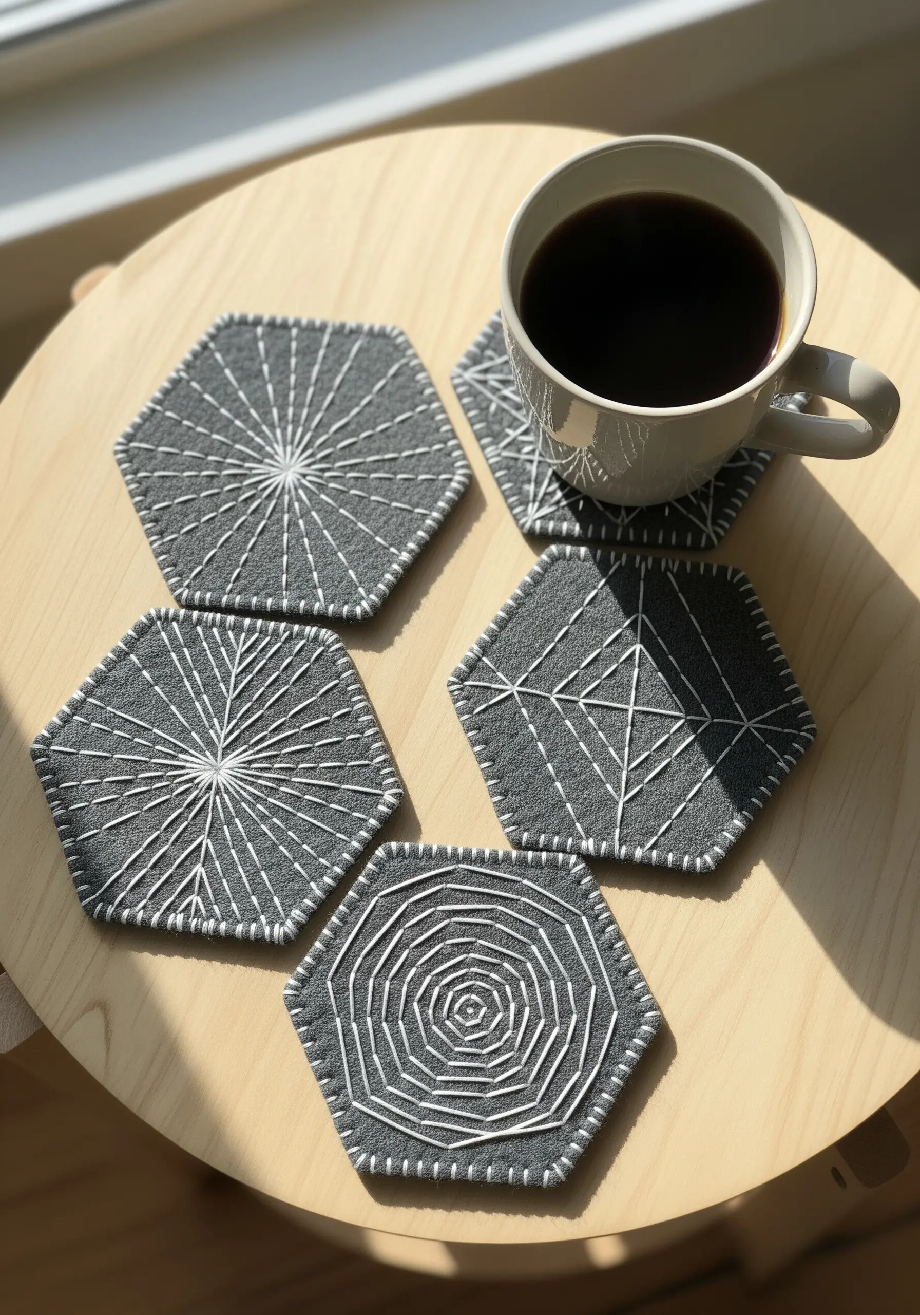 Set of five hexagonal felt coasters with geometric white stitching, next to a cup of coffee.