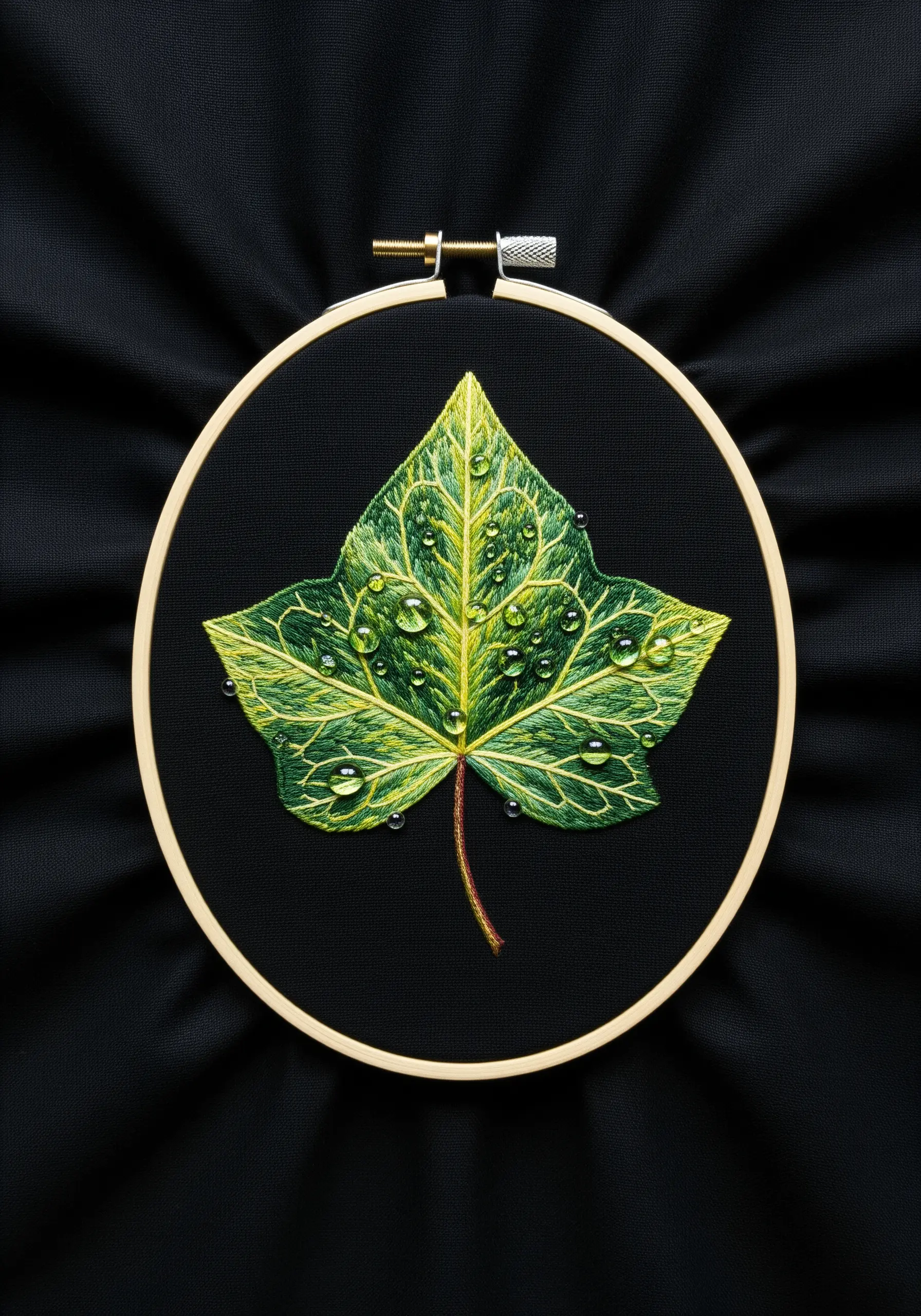 A hyper-realistic embroidered ivy leaf on black fabric, detailed with shiny, 3D-looking dewdrops.