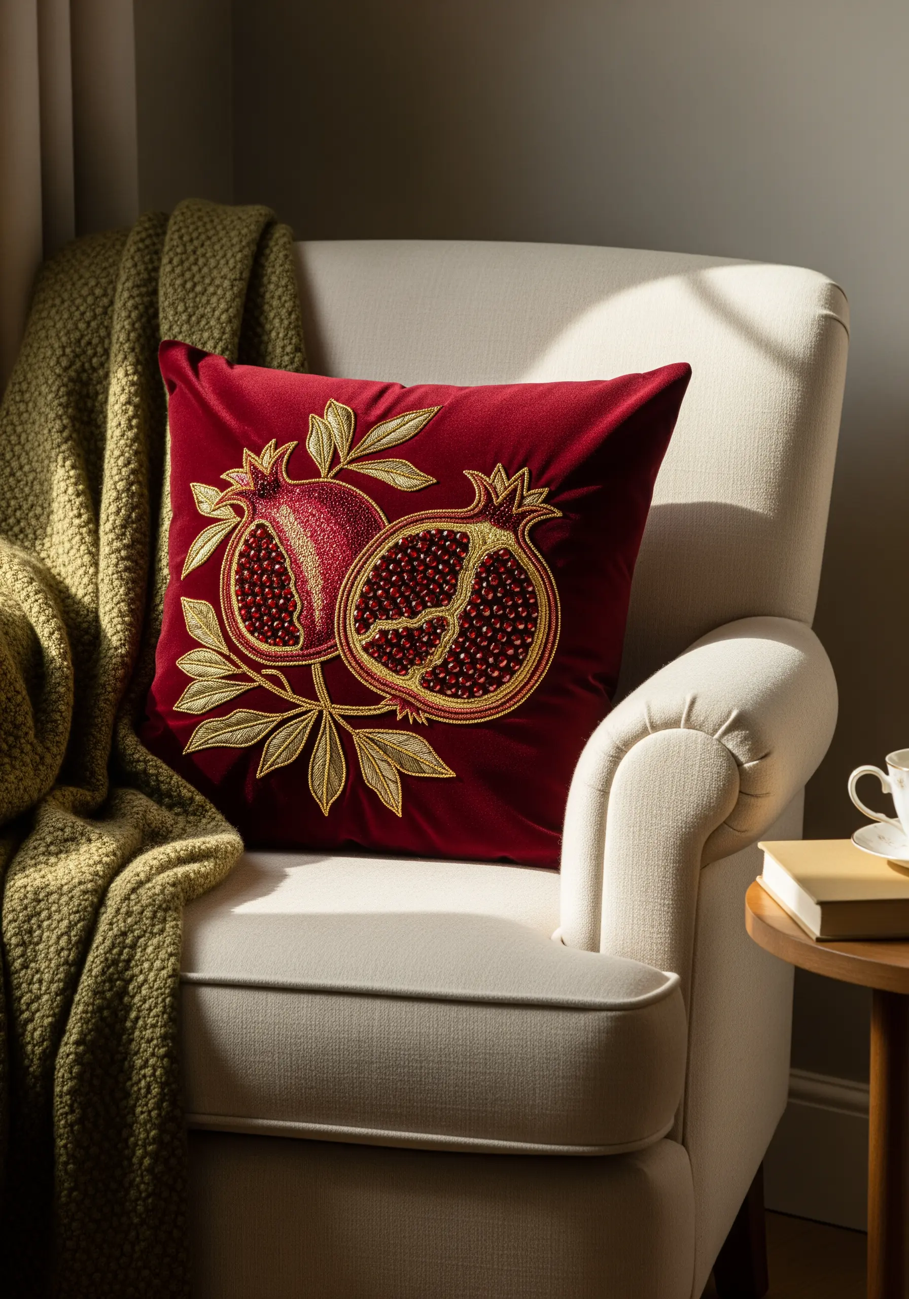 A deep red velvet cushion with an embroidered design of pomegranates with gold leaves and beaded seeds.