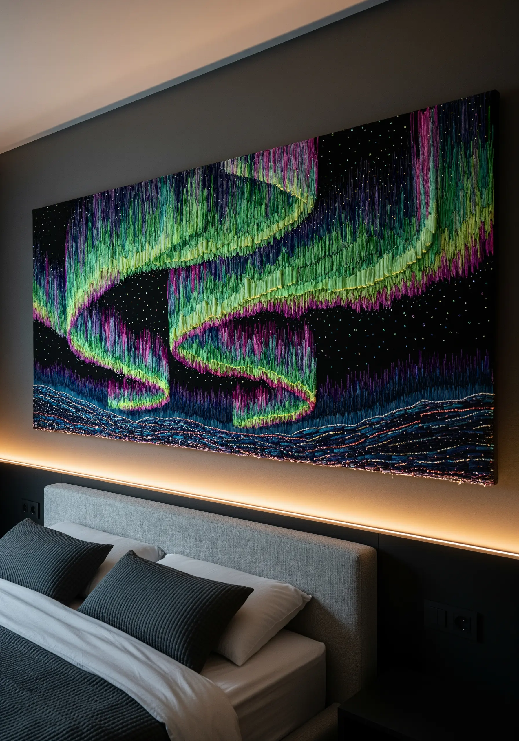 A large embroidered tapestry of the aurora borealis with vibrant green and purple threads