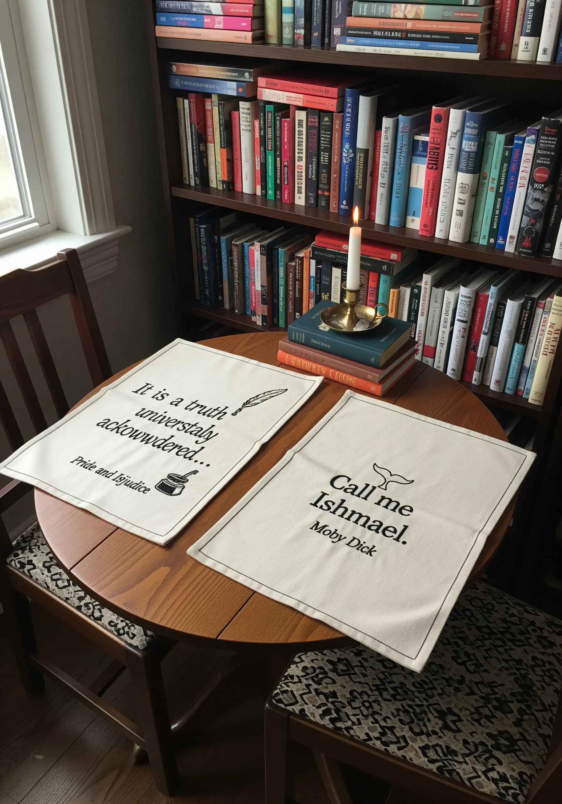 Placemats embroidered with literary quotes from Pride and Prejudice and Moby Dick